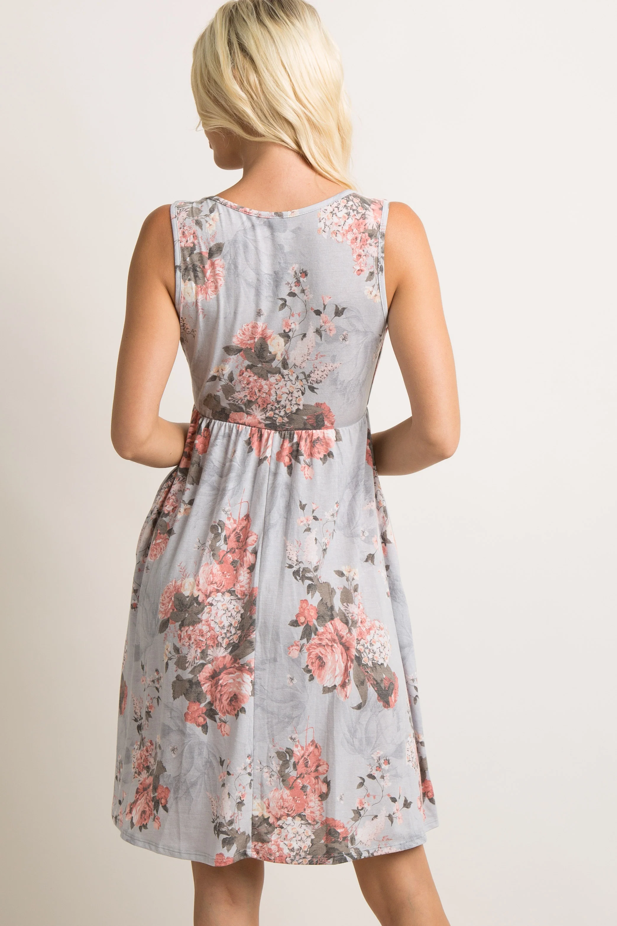 Light Grey Floral Sleeveless Dress - Image 3