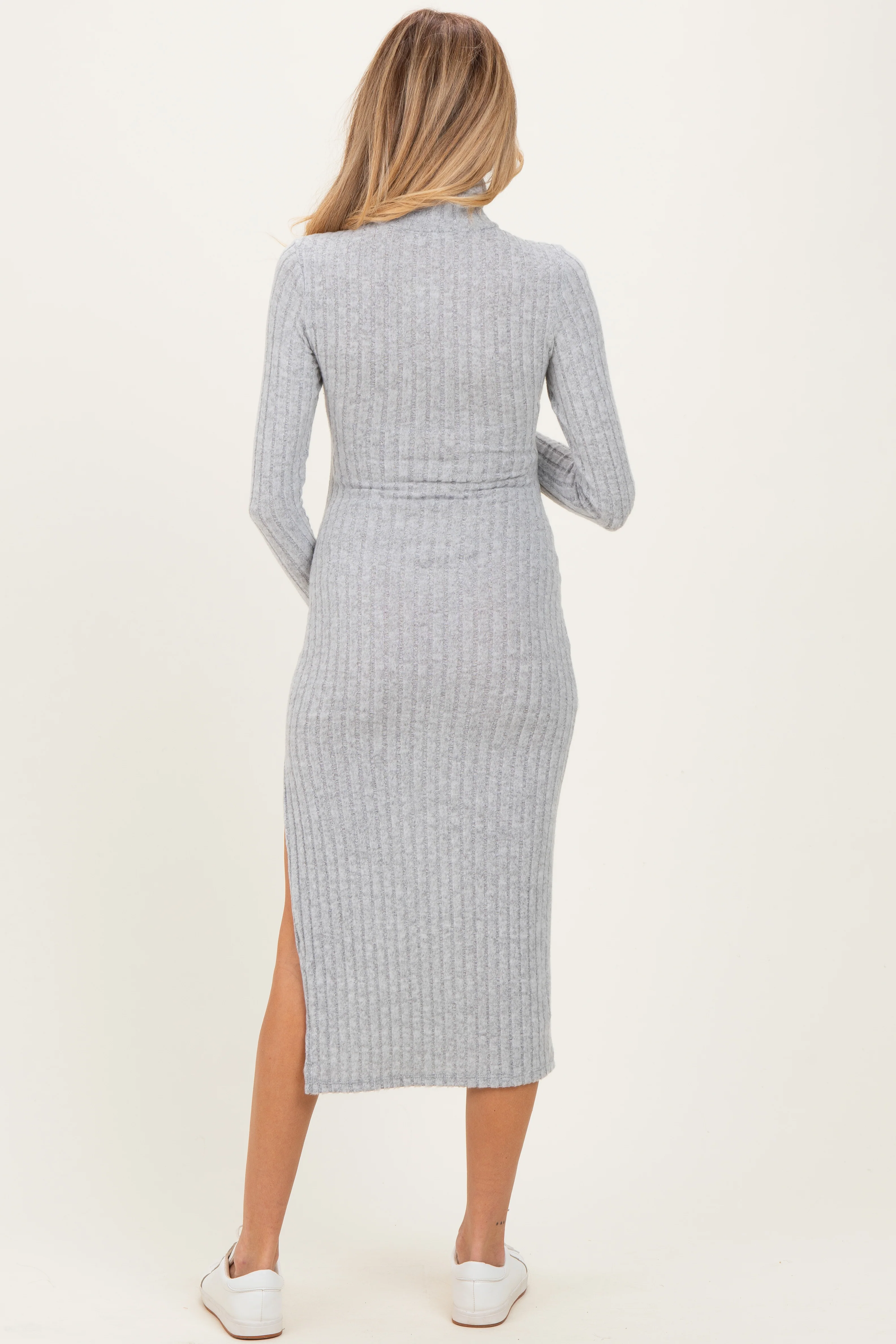 Light Grey Ribbed Knit Turtleneck Side Slit Maternity Dress - Image 4