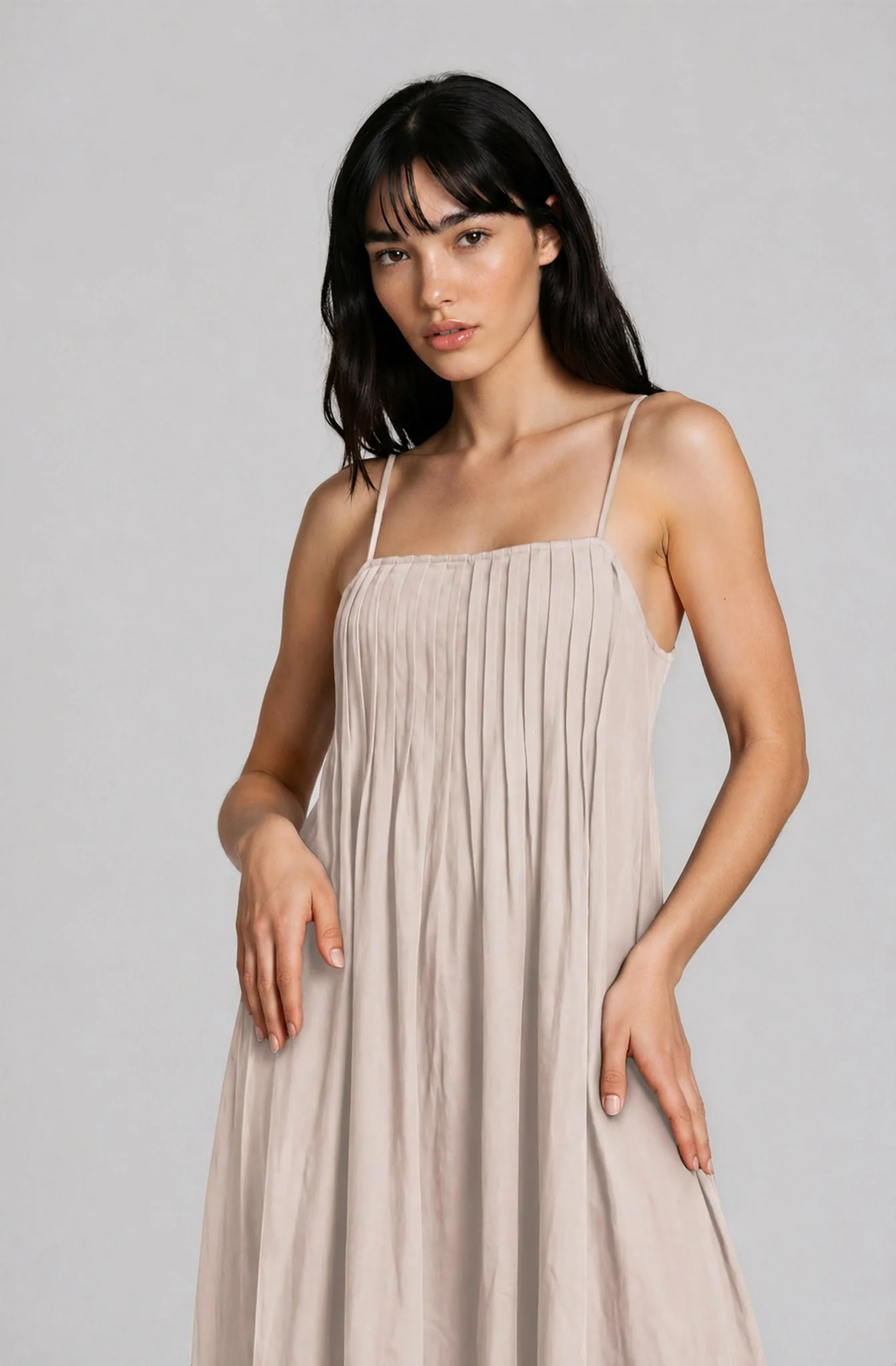 Light Khaki Pintuck Detail Sleeveless Maxi Dress - Image 3