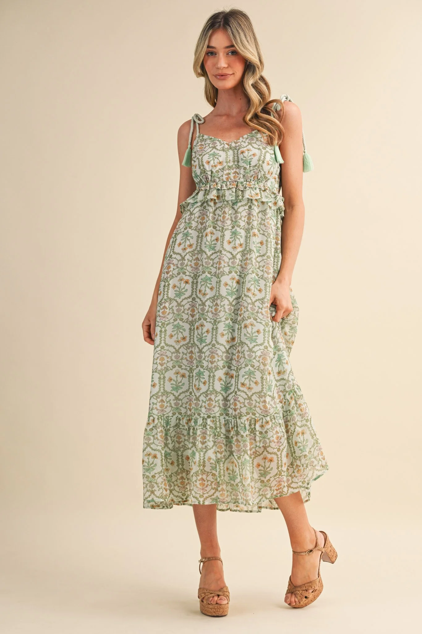 Light Mint Floral Tassel Strap Maternity Midi Dress - Image 4