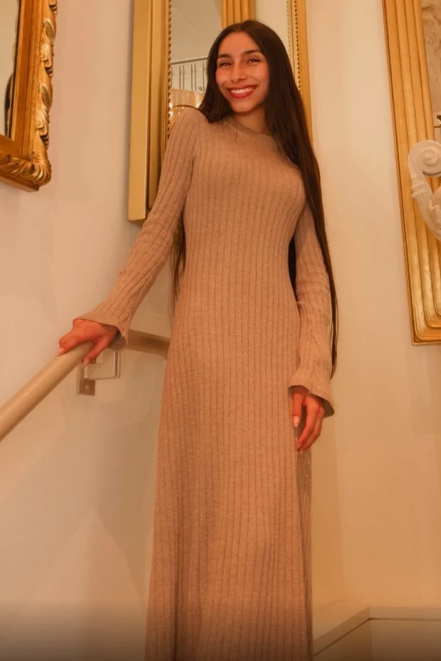 Light Mocha Ribbed Knit Midi Sweater Dress - Image 5