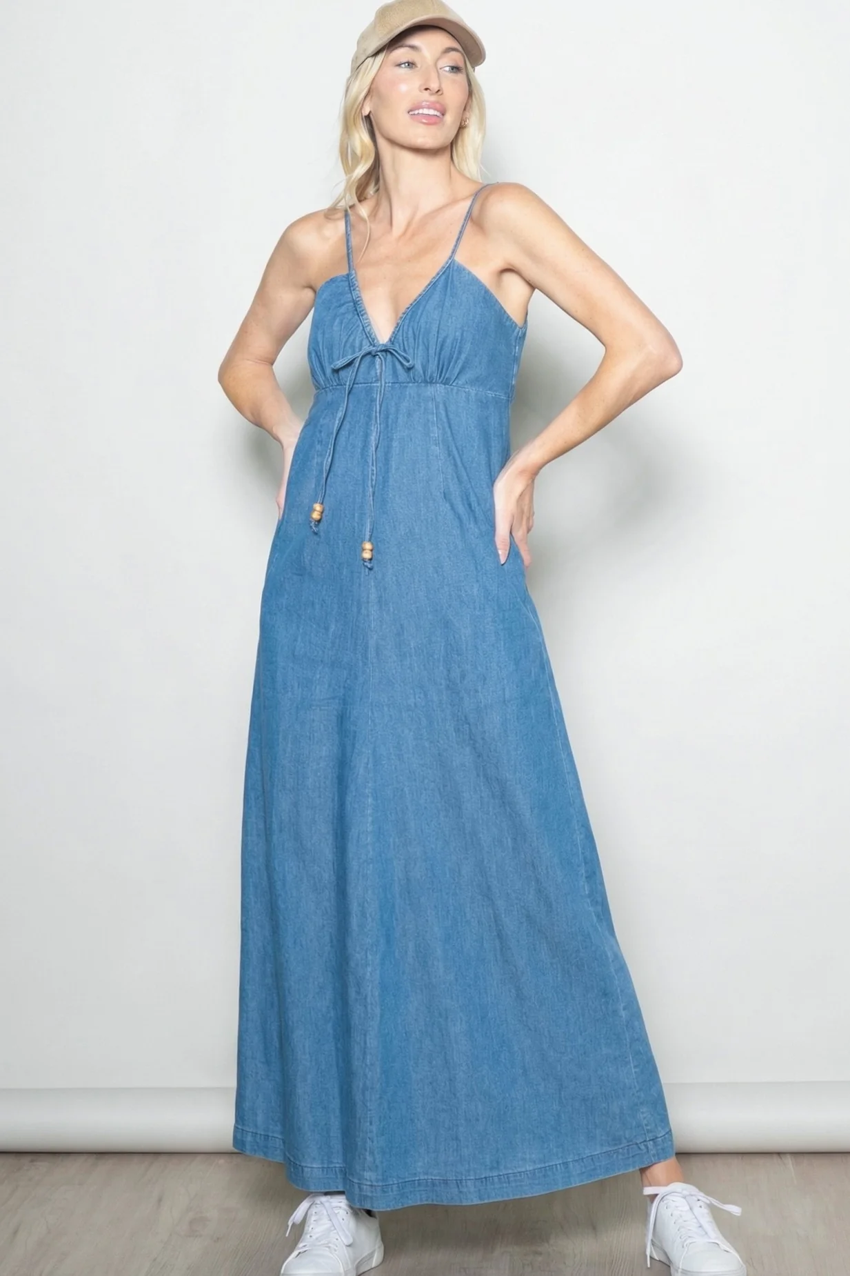 Light Navy Chambray Beaded Front Tie Maxi Dress - Image 2