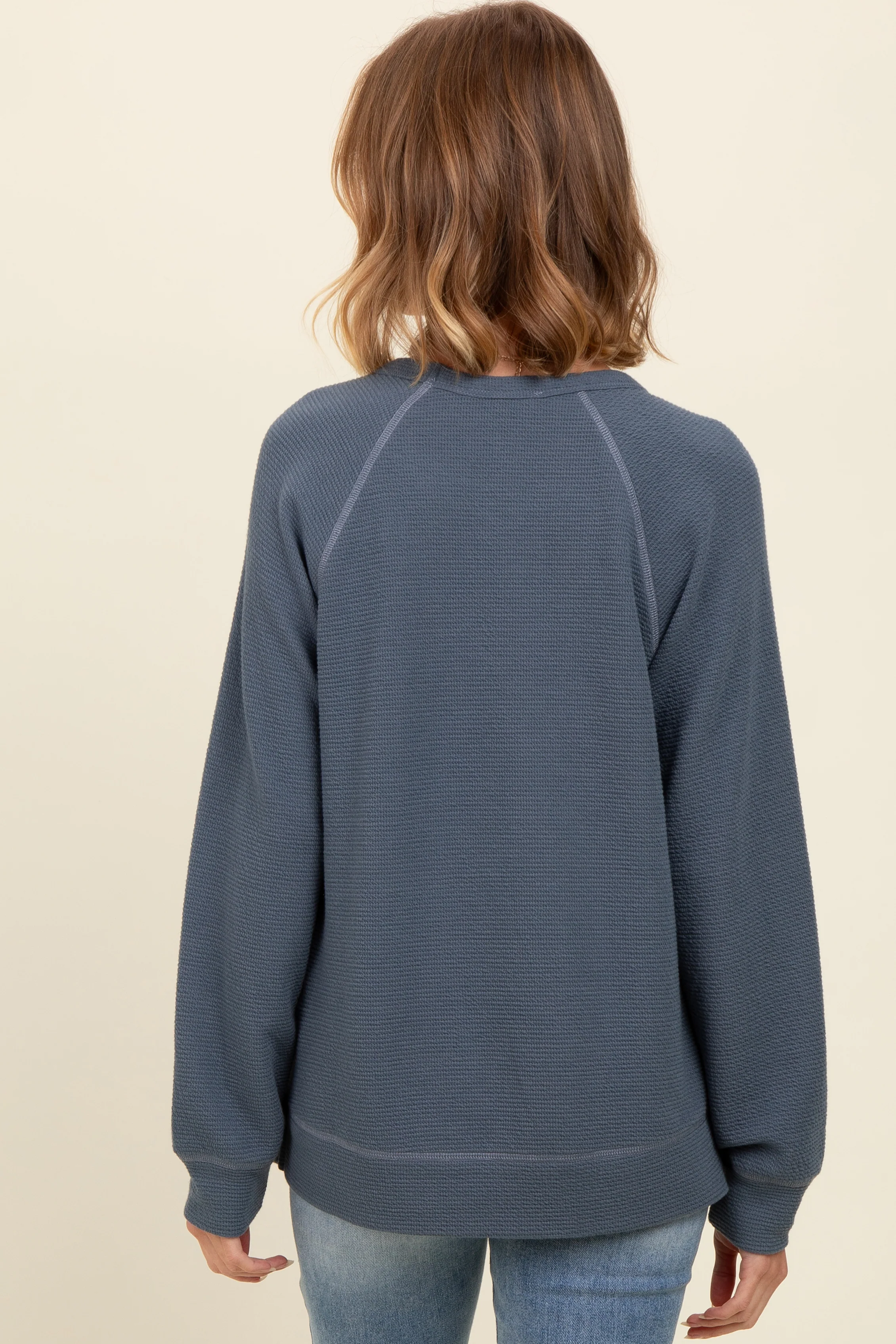 Light Navy Crewneck Waffle Knit Pullover Top - Image 3