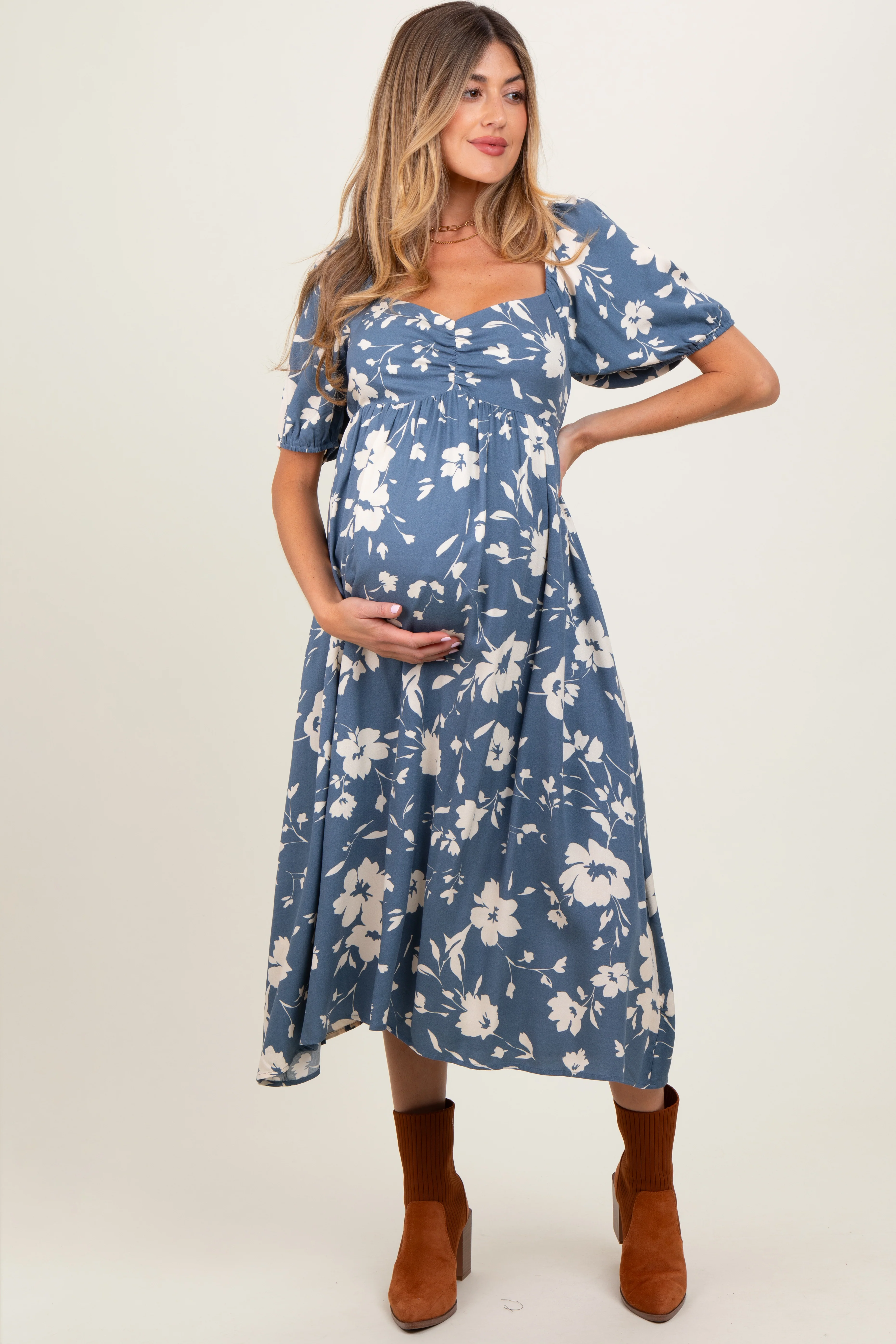 Light Navy Floral Sweetheart Neckline Maternity Midi Dress - Image 2