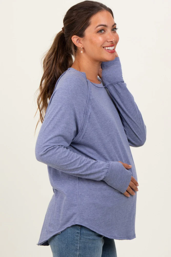 Light Navy Heather Exposed Seam Long Sleeve Maternity Top - Image 3
