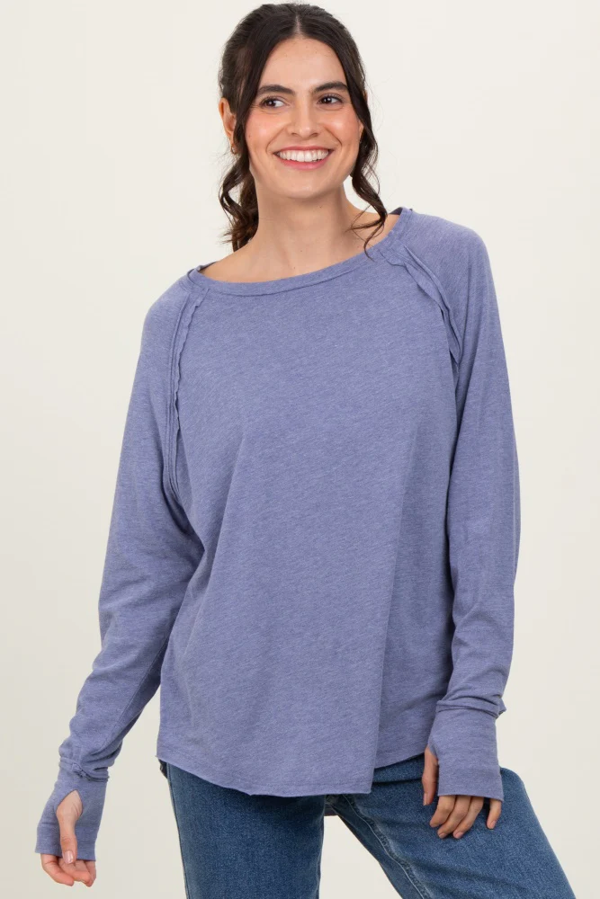 Light Navy Heather Exposed Seam Long Sleeve Maternity Top - Image 5