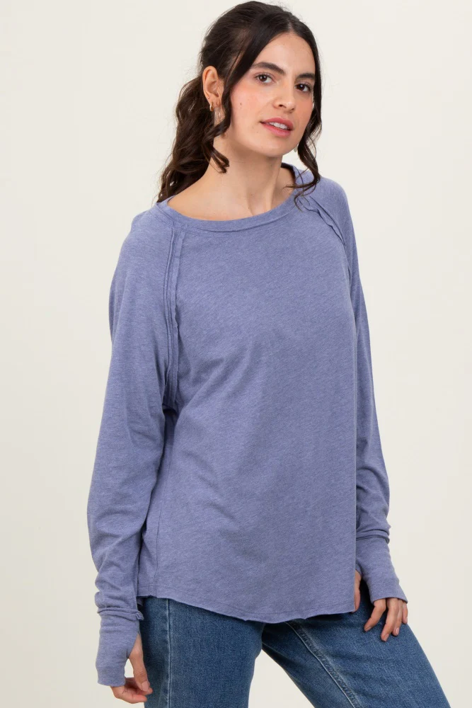 Light Navy Heather Exposed Seam Long Sleeve Top - Image 3
