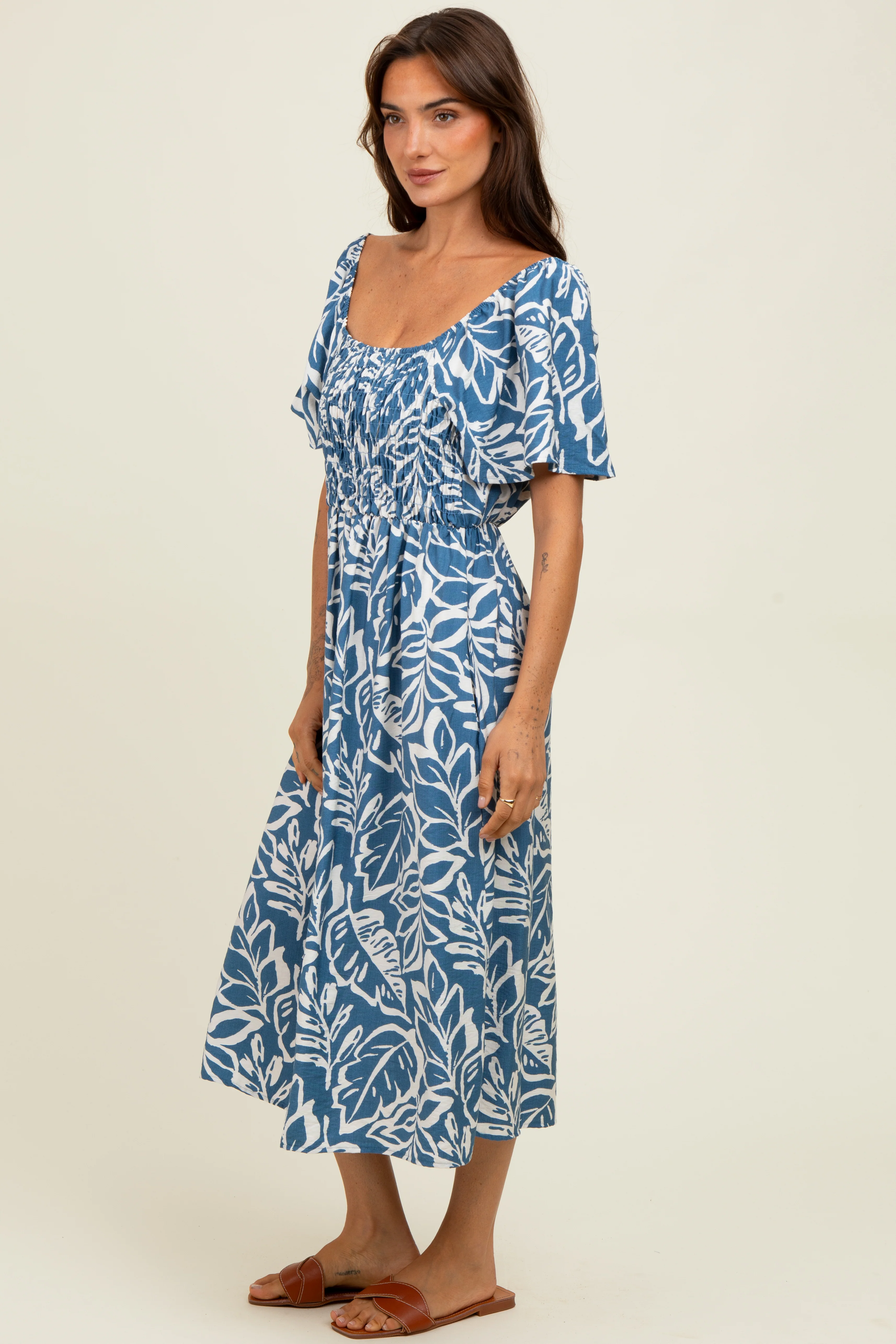 Light Navy Leaf Print Maternity Midi Dress - Image 3