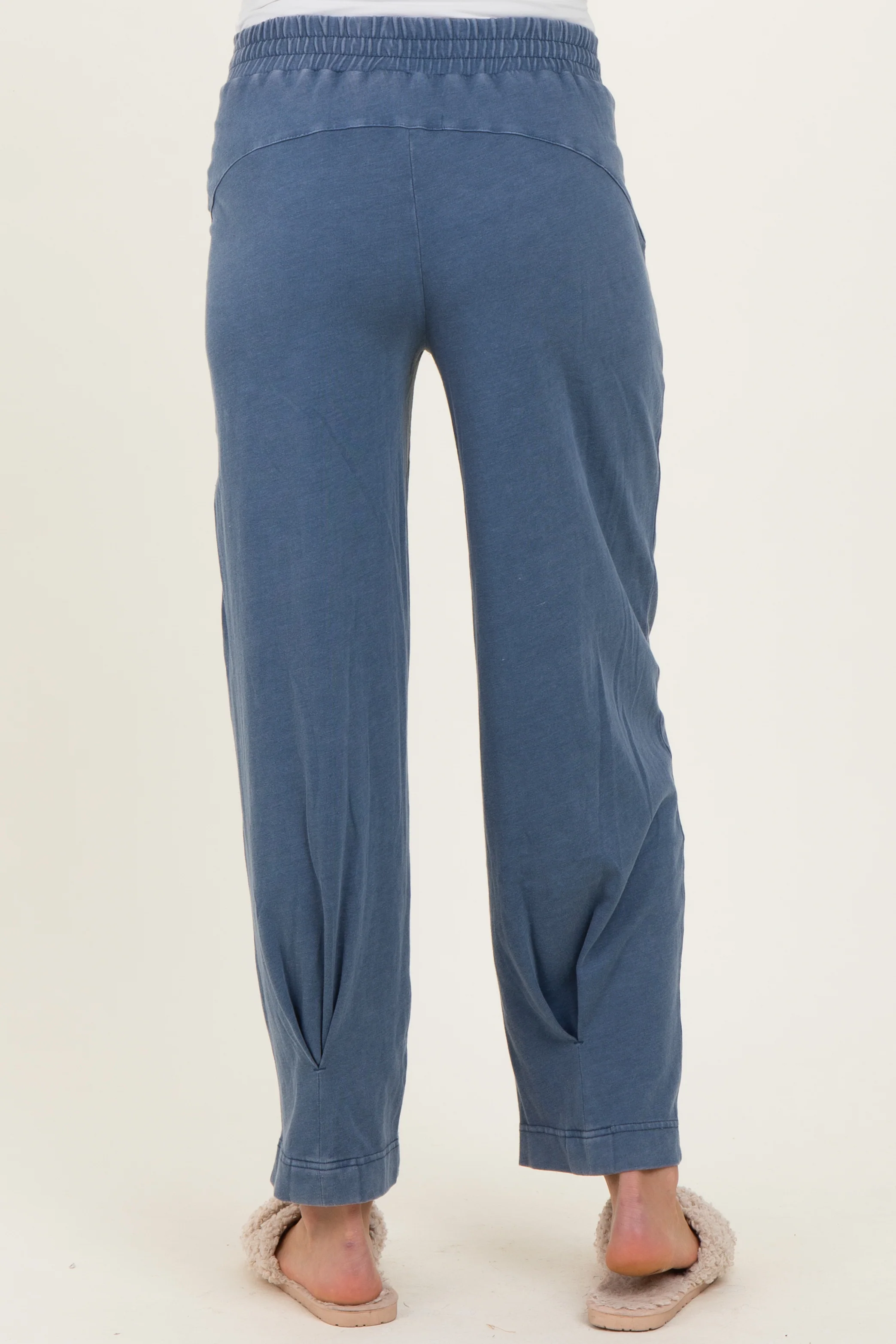 Light Navy Mineral Wash Pleated Maternity Lounge Pants - Image 5