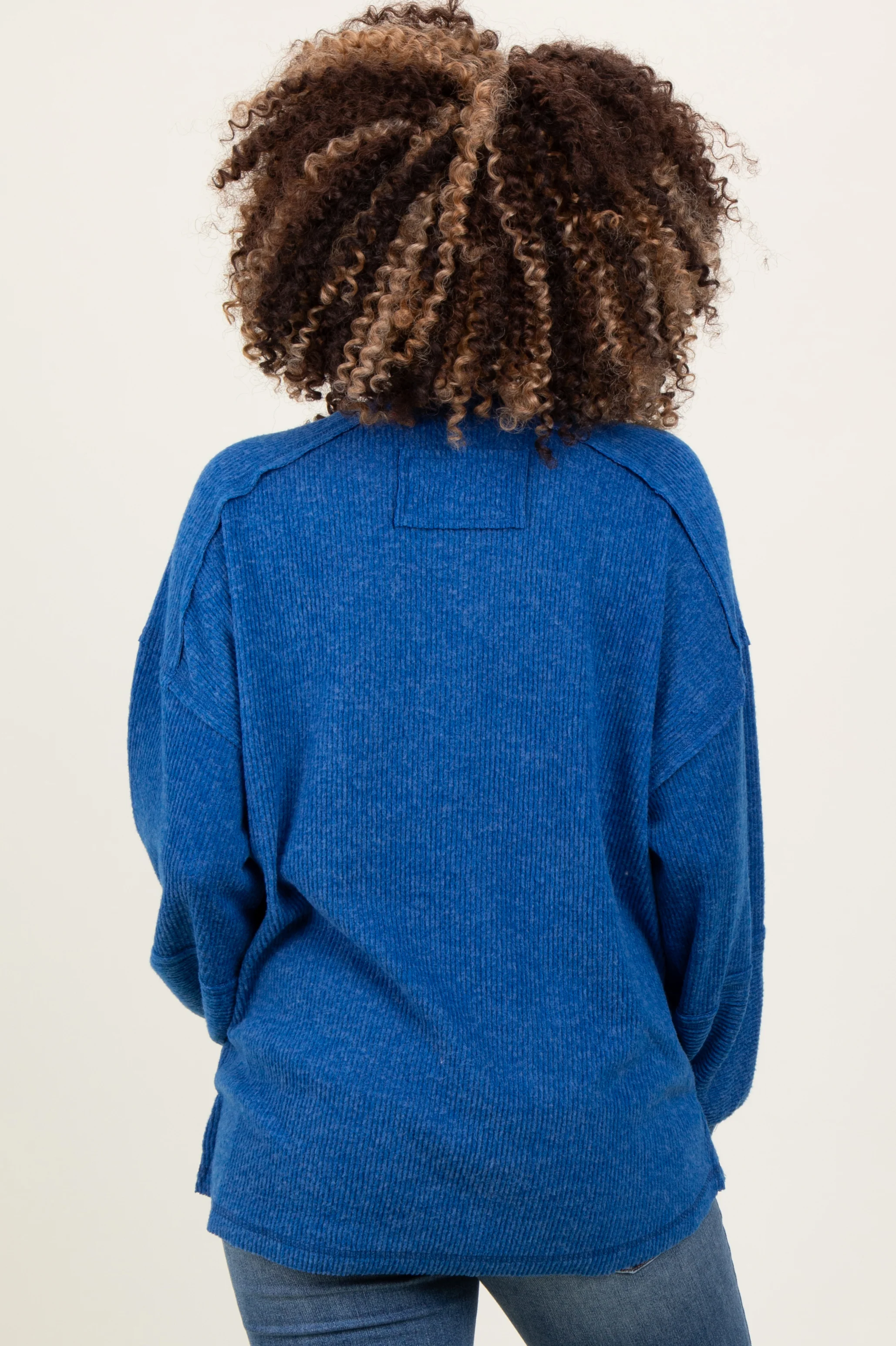 Light Navy Oversized Ribbed Knit Henley Maternity Sweater - Image 3