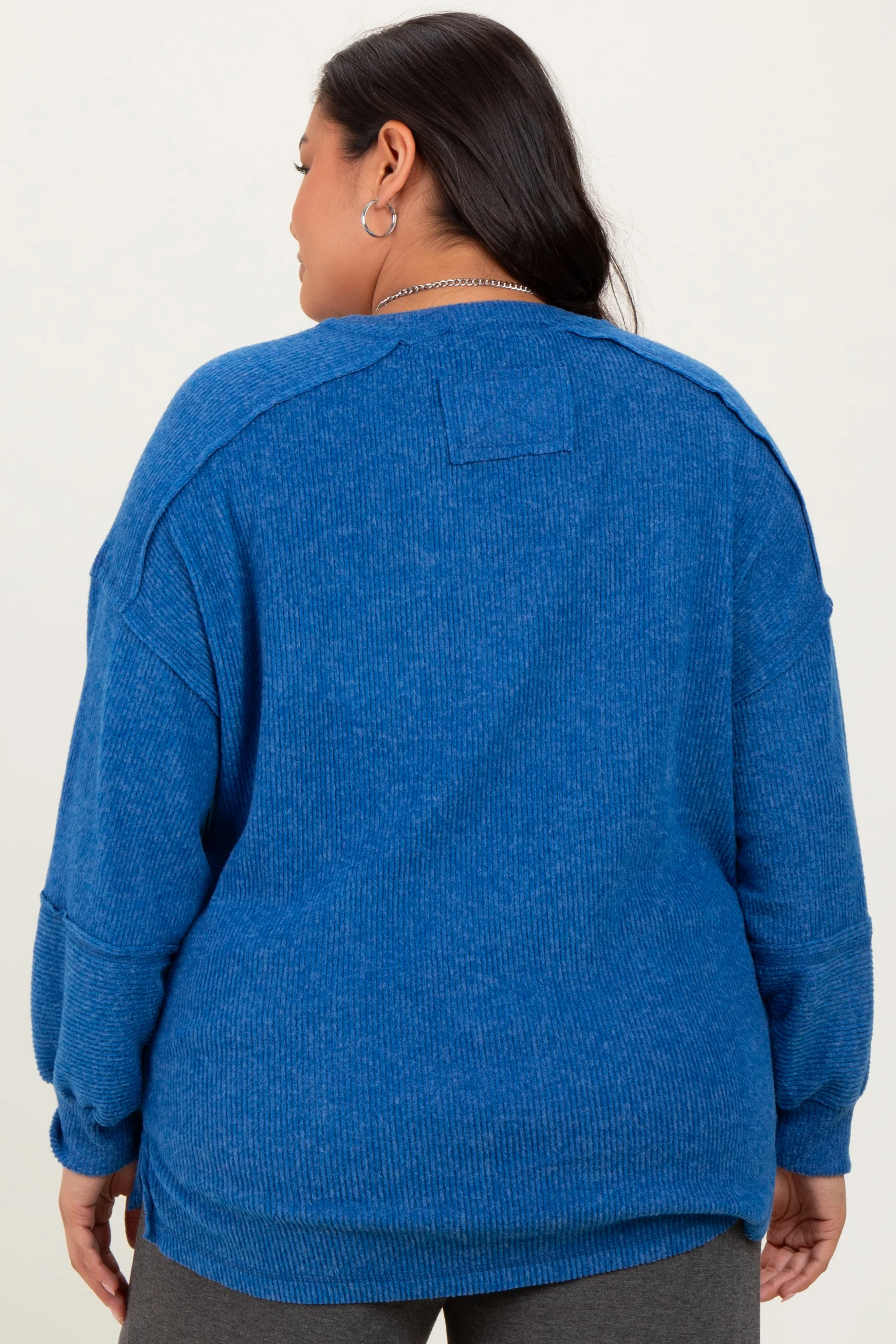 Light Navy Oversized Ribbed Knit Henley Plus Sweater - Image 4
