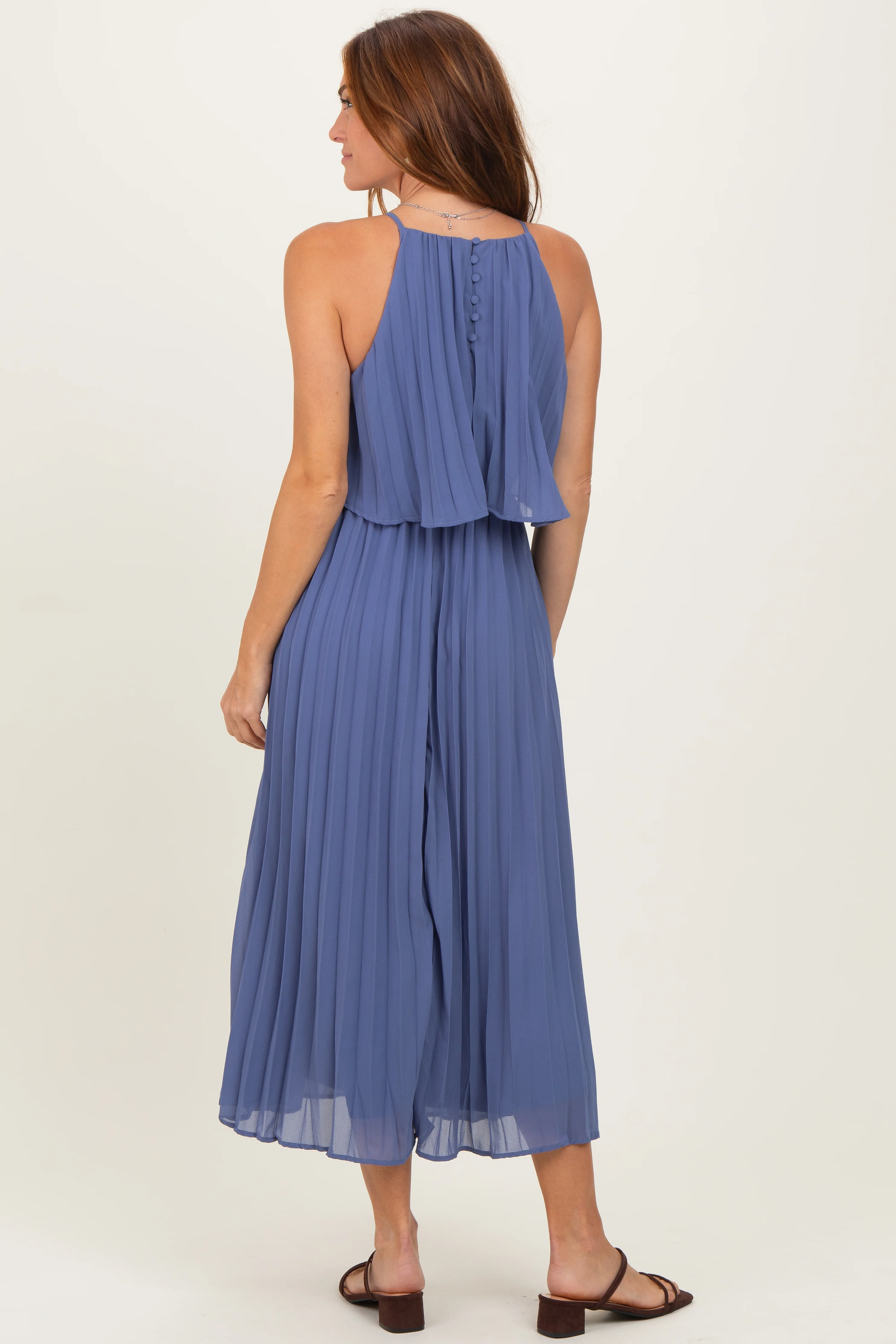 Light Navy Pleated Woven Midi Dress - Image 4