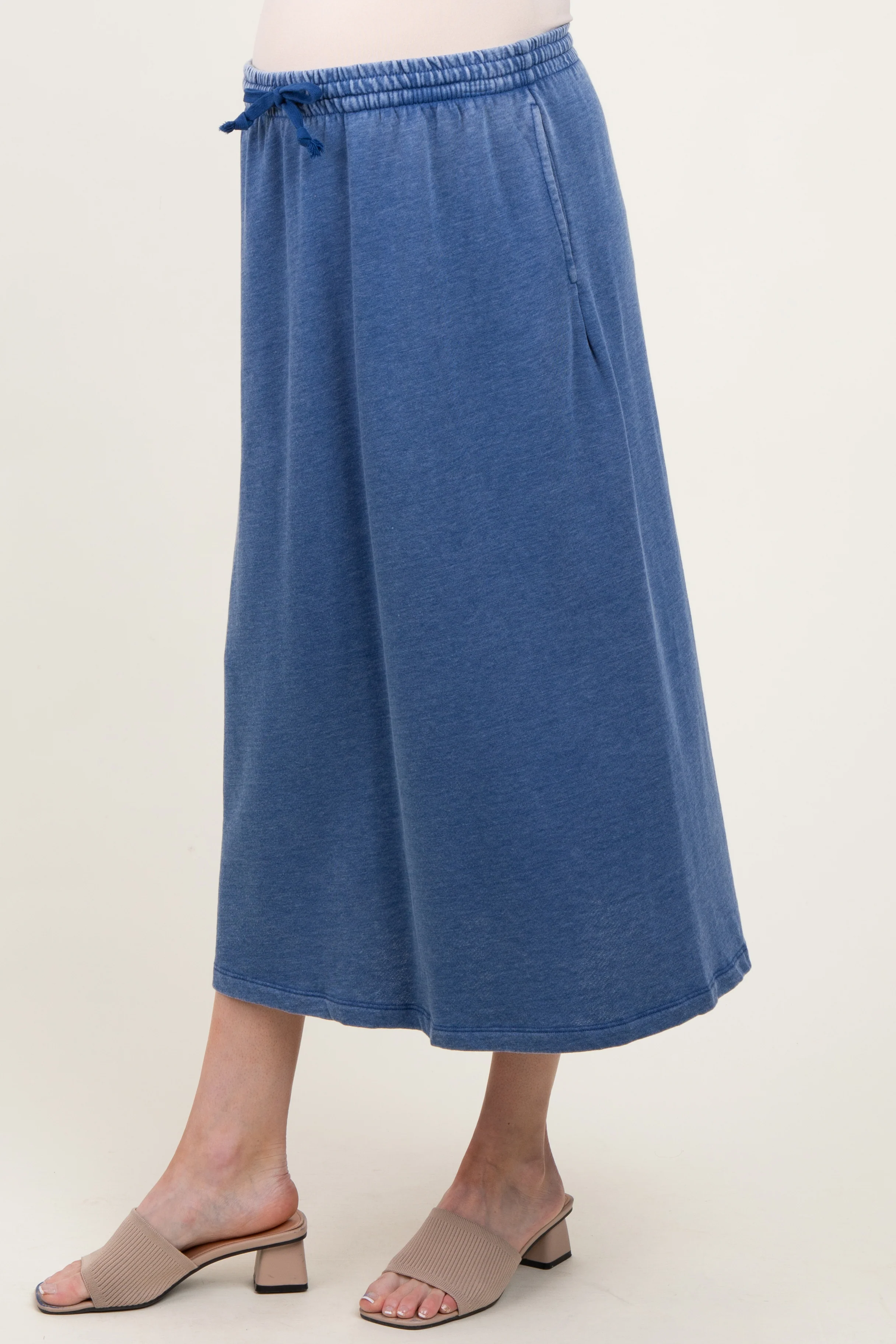 Light Navy Terry Drawstring Maternity Midi Skirt - Image 3