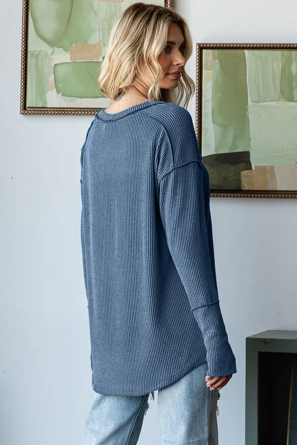 Light Navy Textured Rib Thumb Hole Long Sleeve Top - Image 2