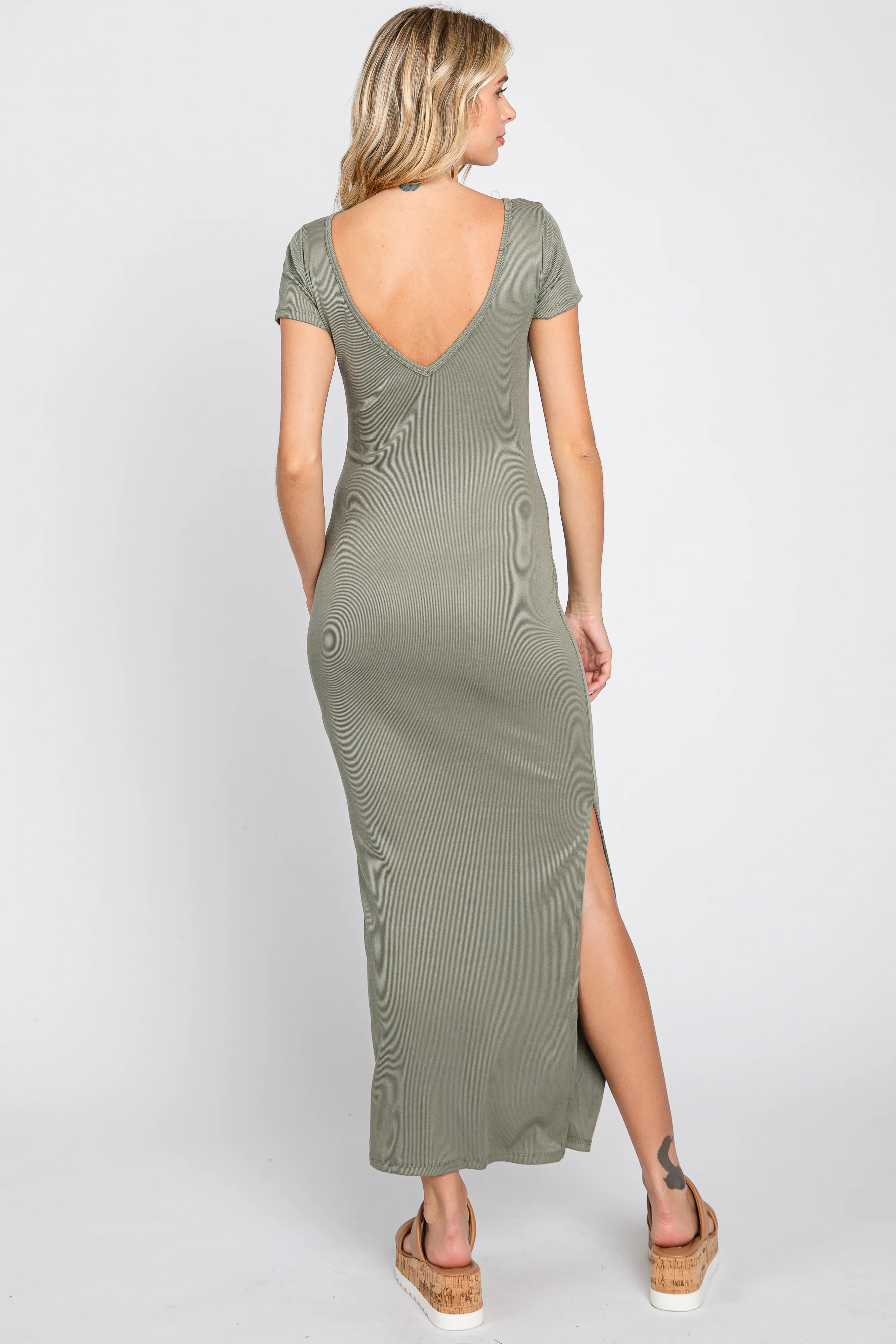 Light Olive Basic Ribbed Side Slit Midi Dress - Image 3