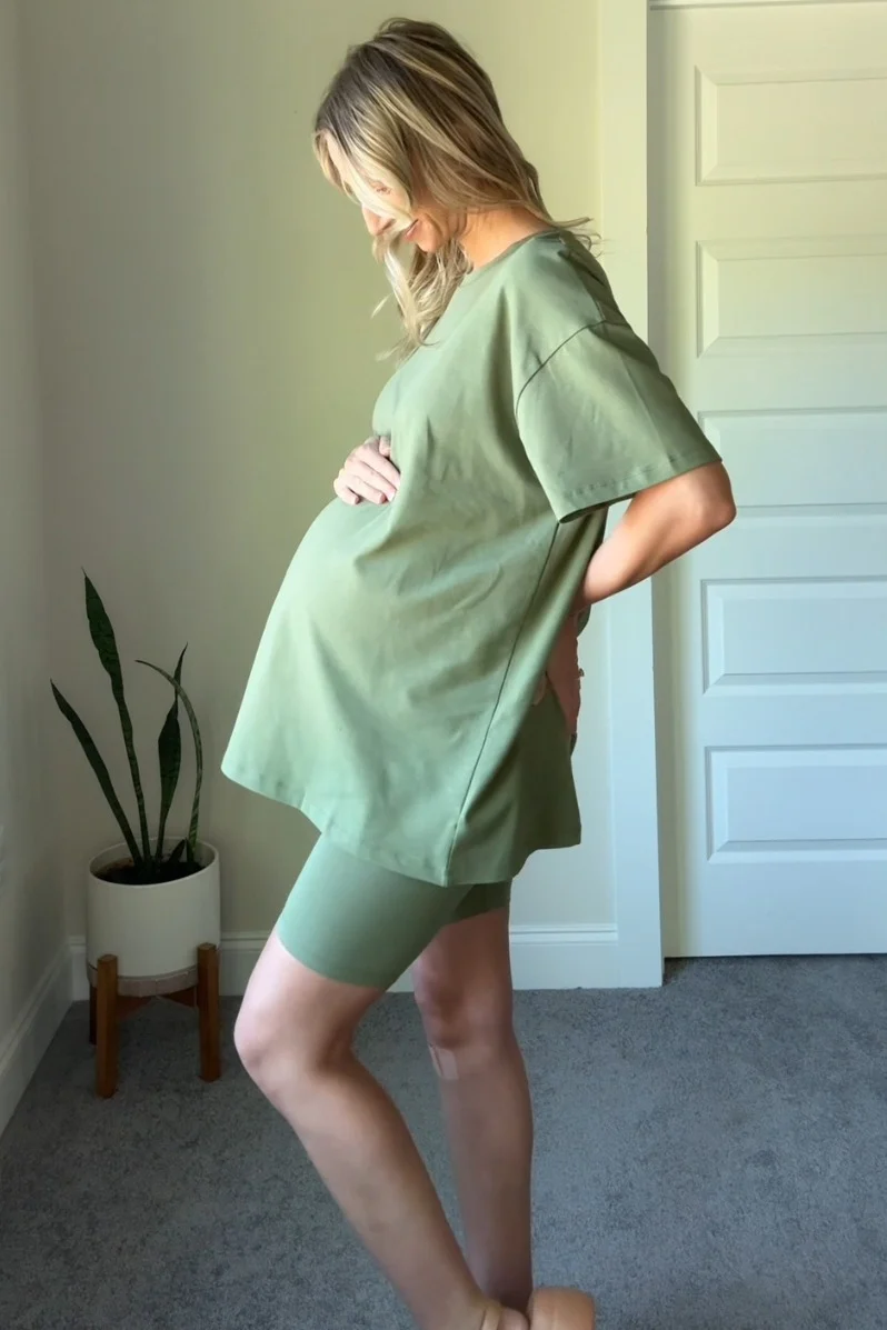 Light Olive Biker Shorts Maternity Set - Image 2
