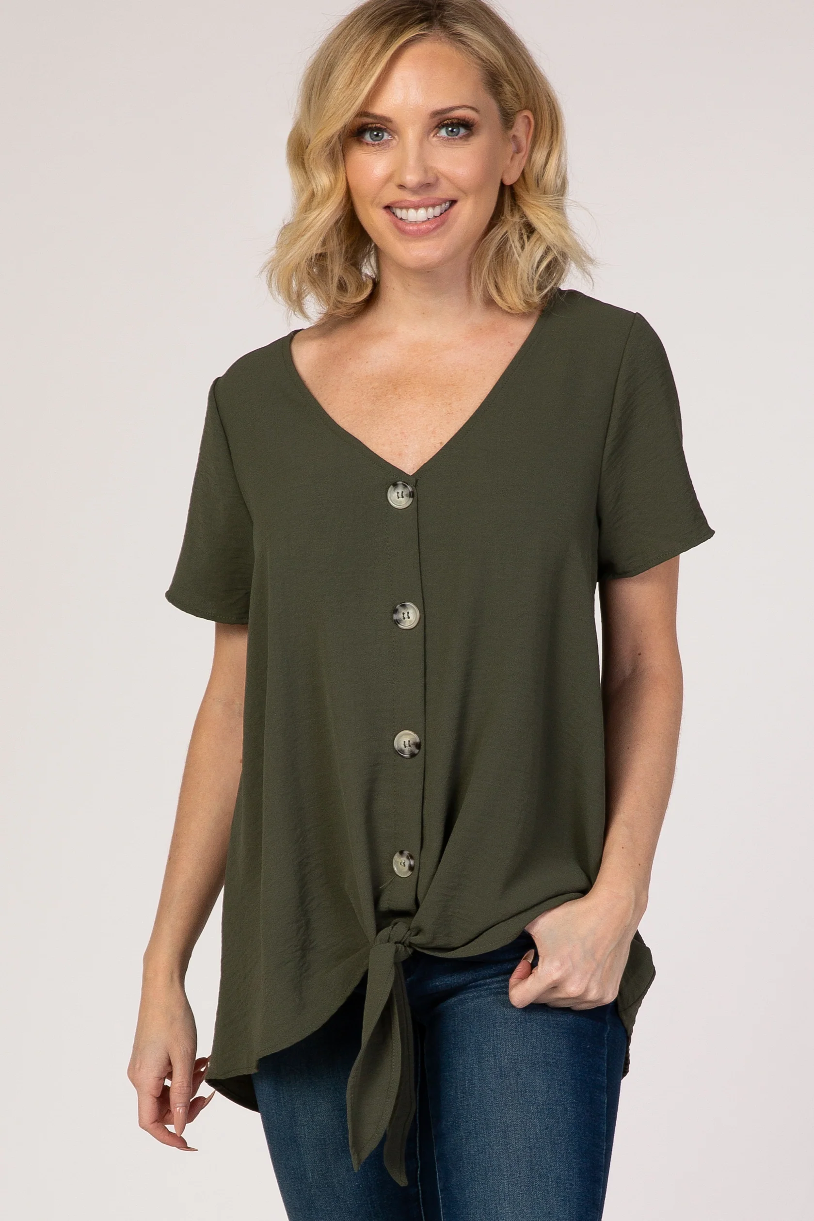 Light Olive Button Tie Front Maternity Top - Image 5