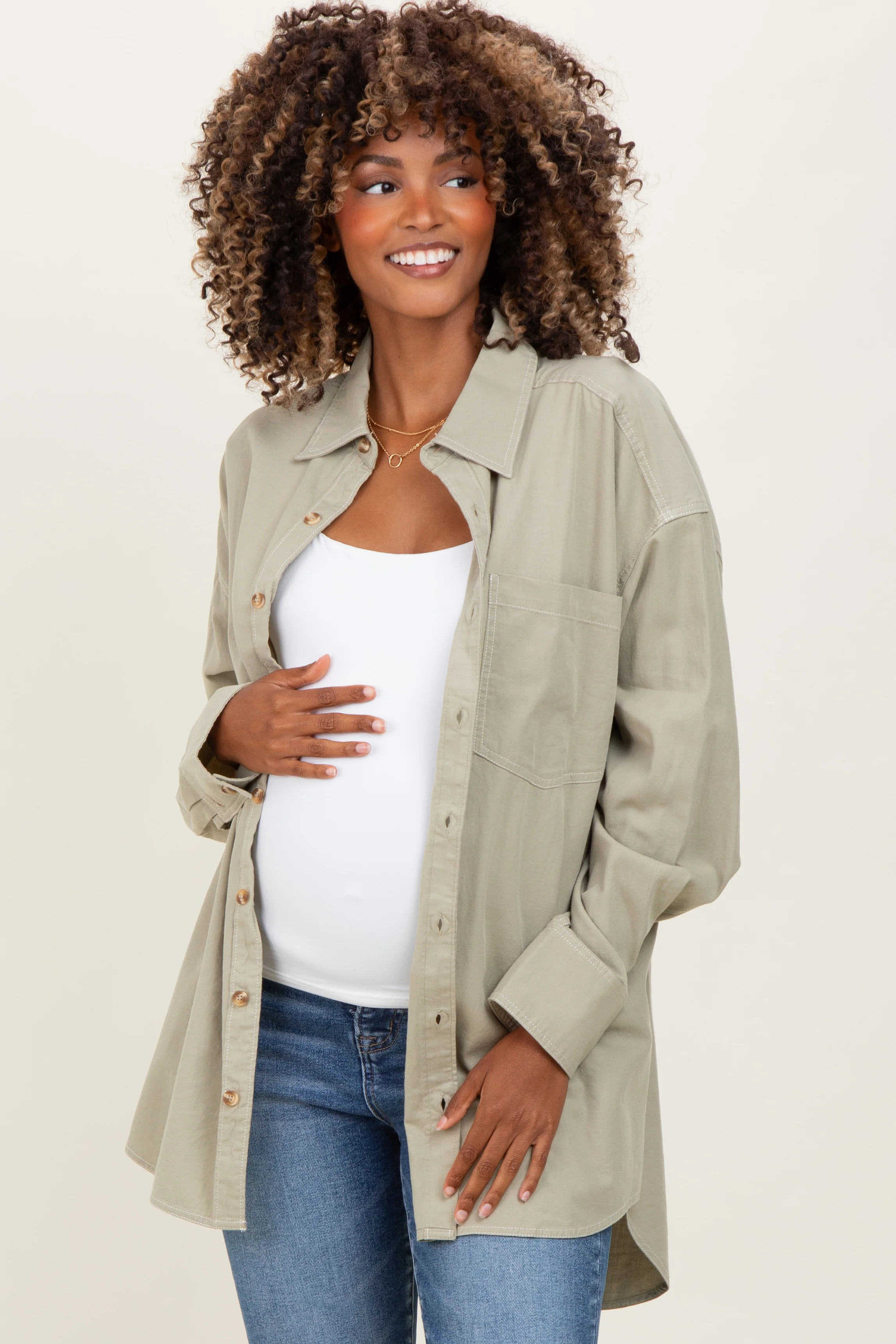 Light Olive Chambray Button Down Maternity Top - Image 3