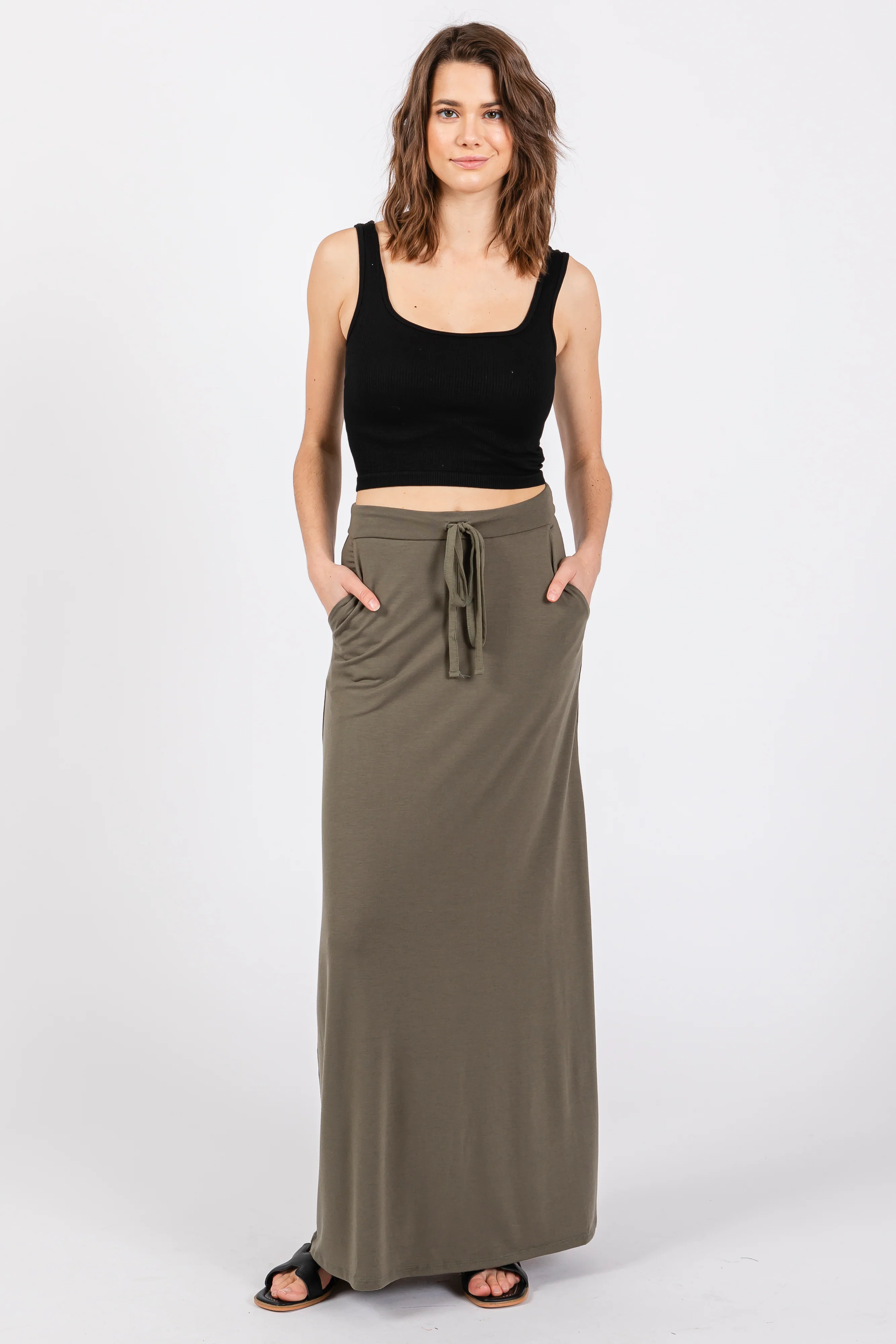Light Olive Drawstring Maternity Maxi Skirt - Image 5