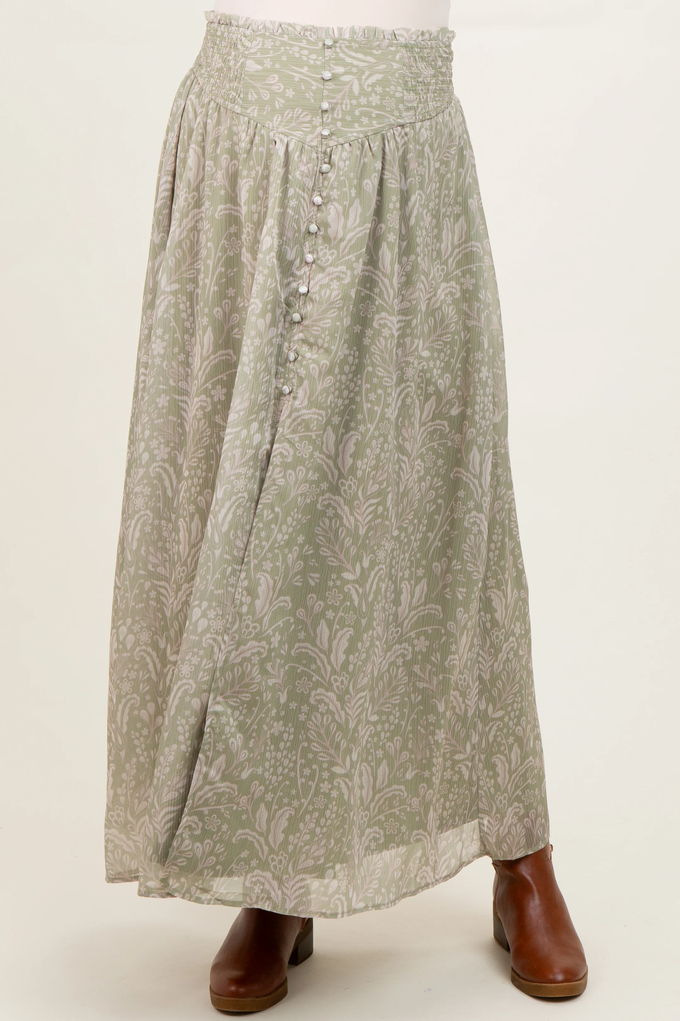 Light Olive Floral Chiffon Button Detail Maternity Maxi Skirt - Image 3