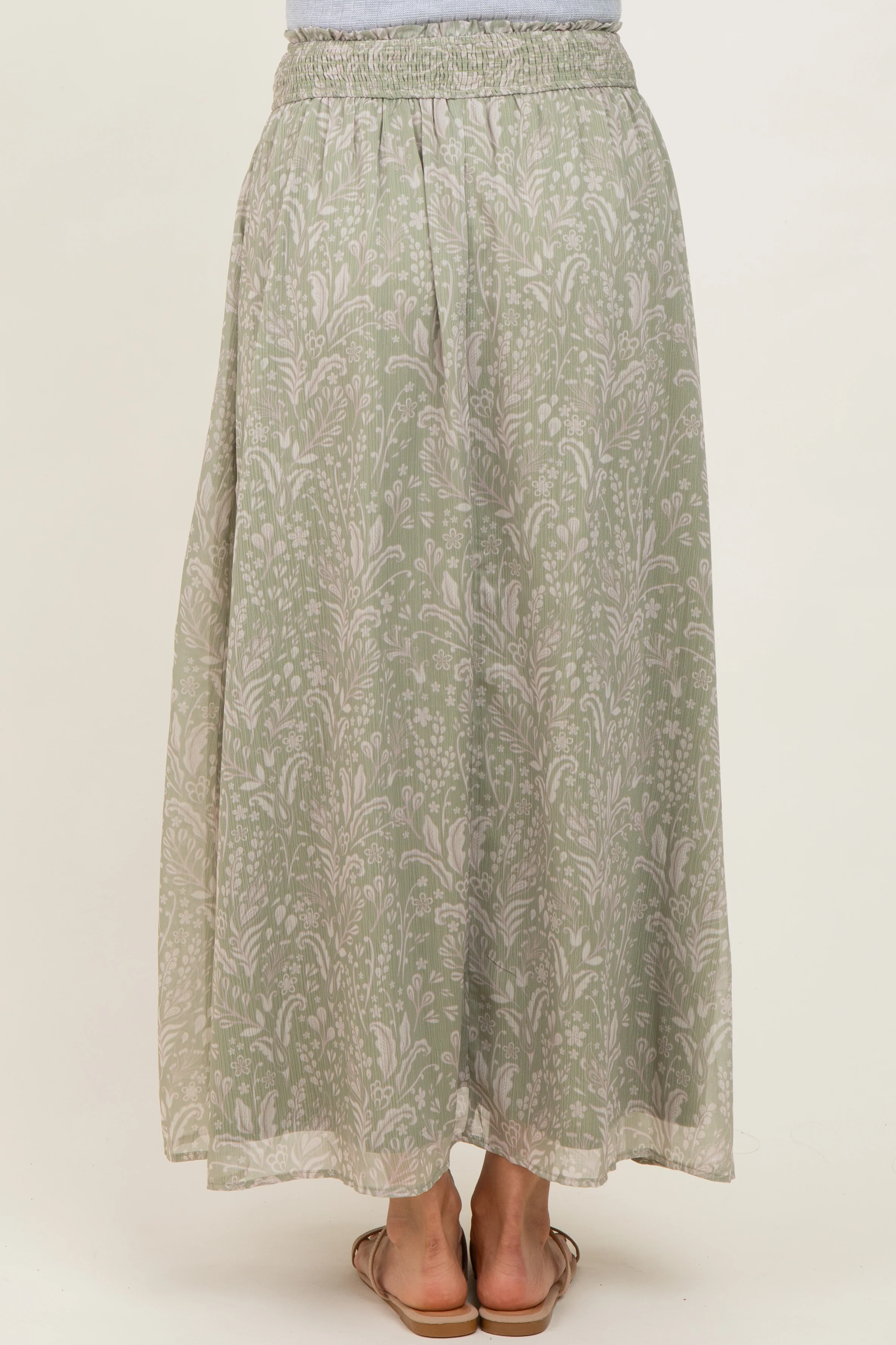 Light Olive Floral Chiffon Button Detail Maxi Skirt - Image 5