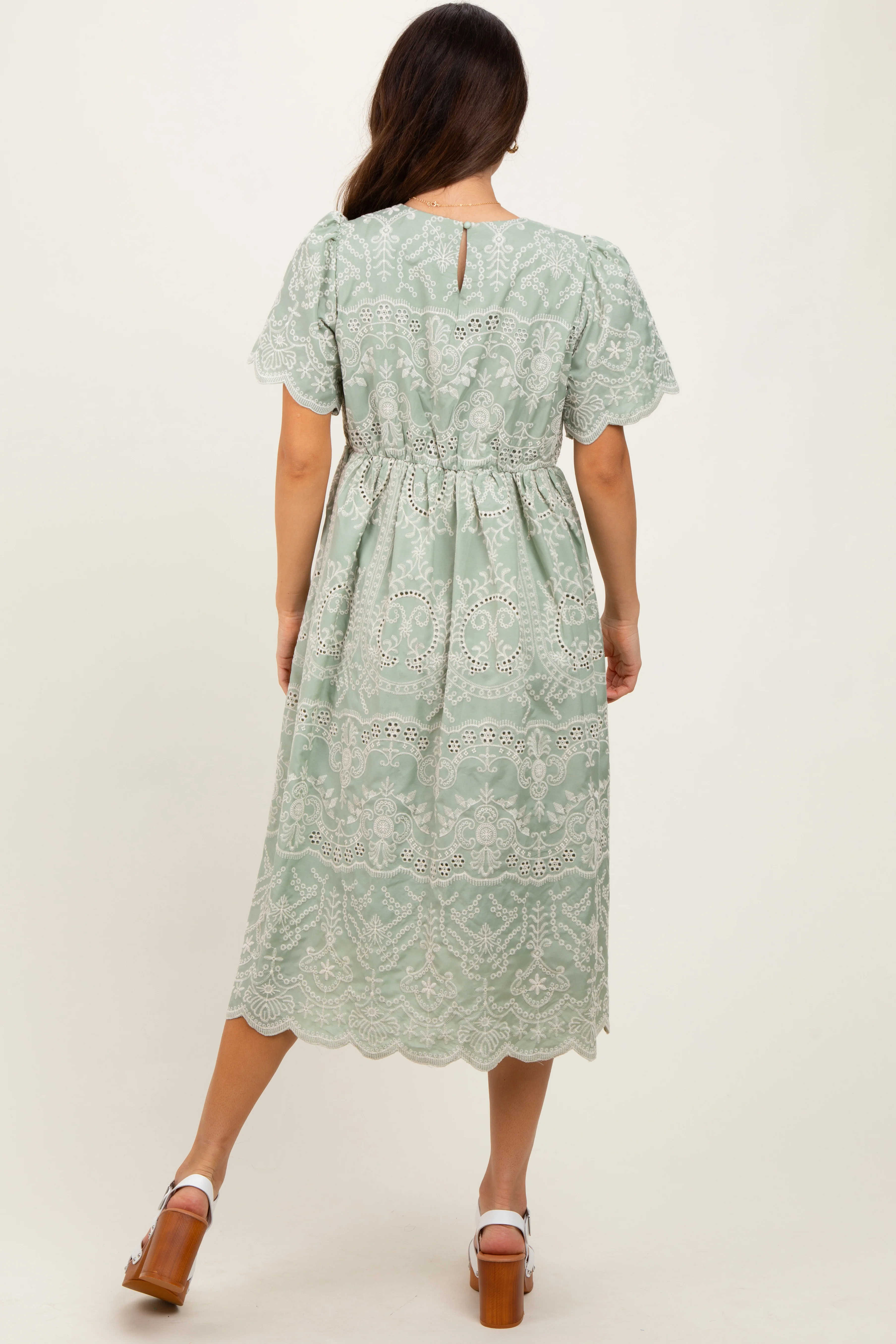 Light Olive Floral Embroidered Tied Waist Midi Dress - Image 3