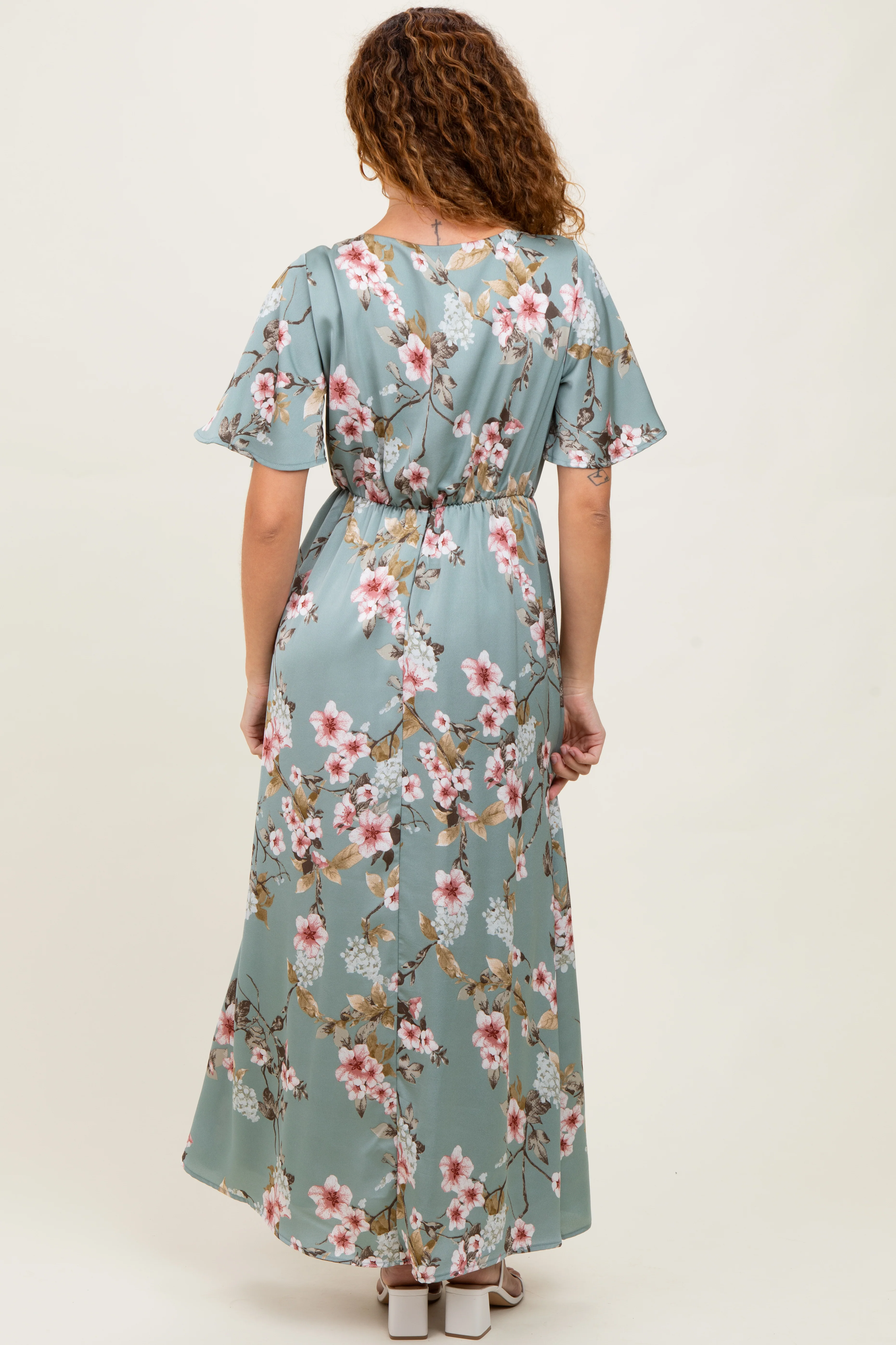 Light Olive Floral Flutter Sleeve Maxi Dress - Image 3