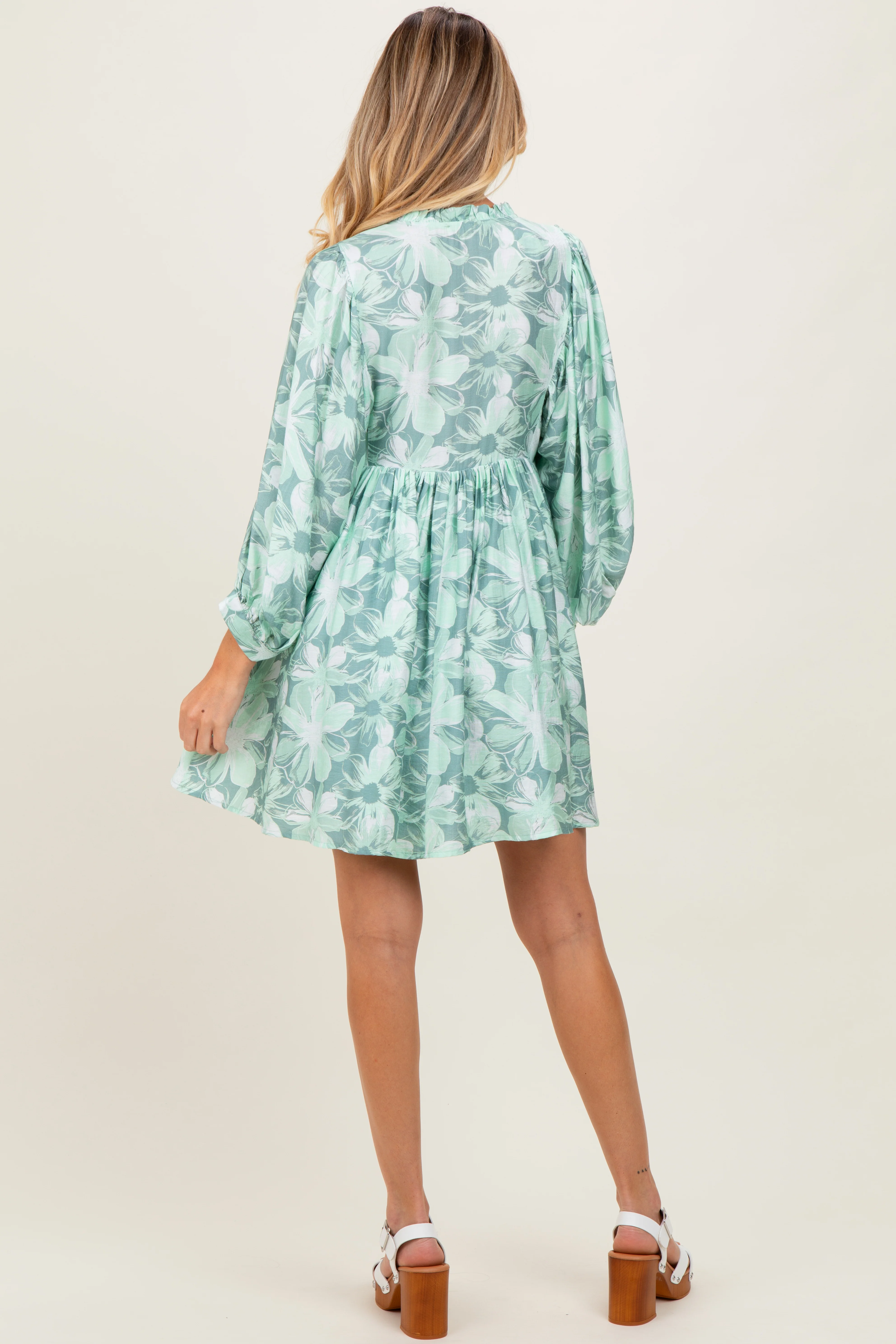 Light Olive Floral Front Tie Bubble Sleeve Maternity Mini Dress - Image 3