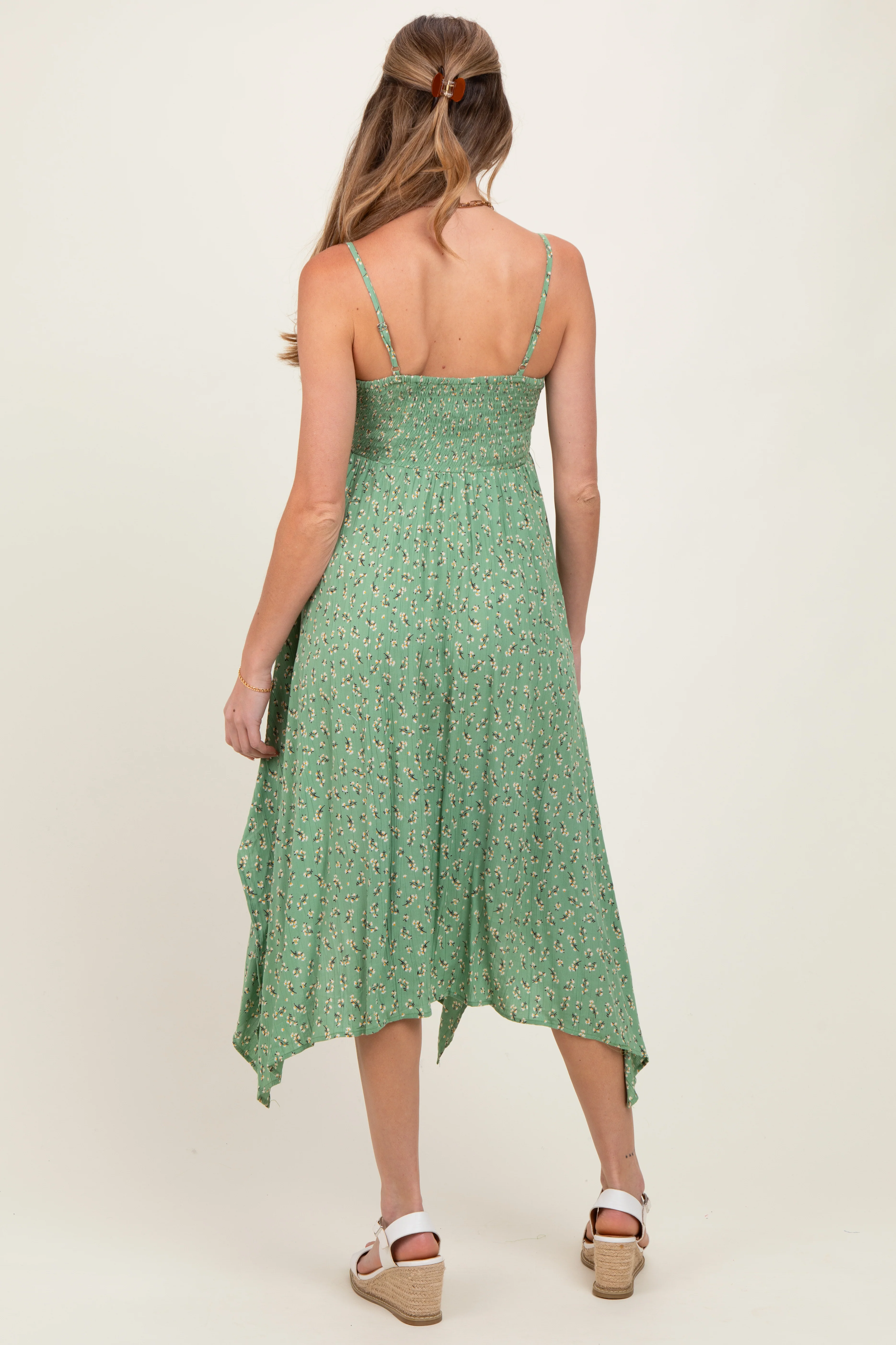 Light Olive Floral Handkerchief Hem Maternity Midi Dress - Image 4
