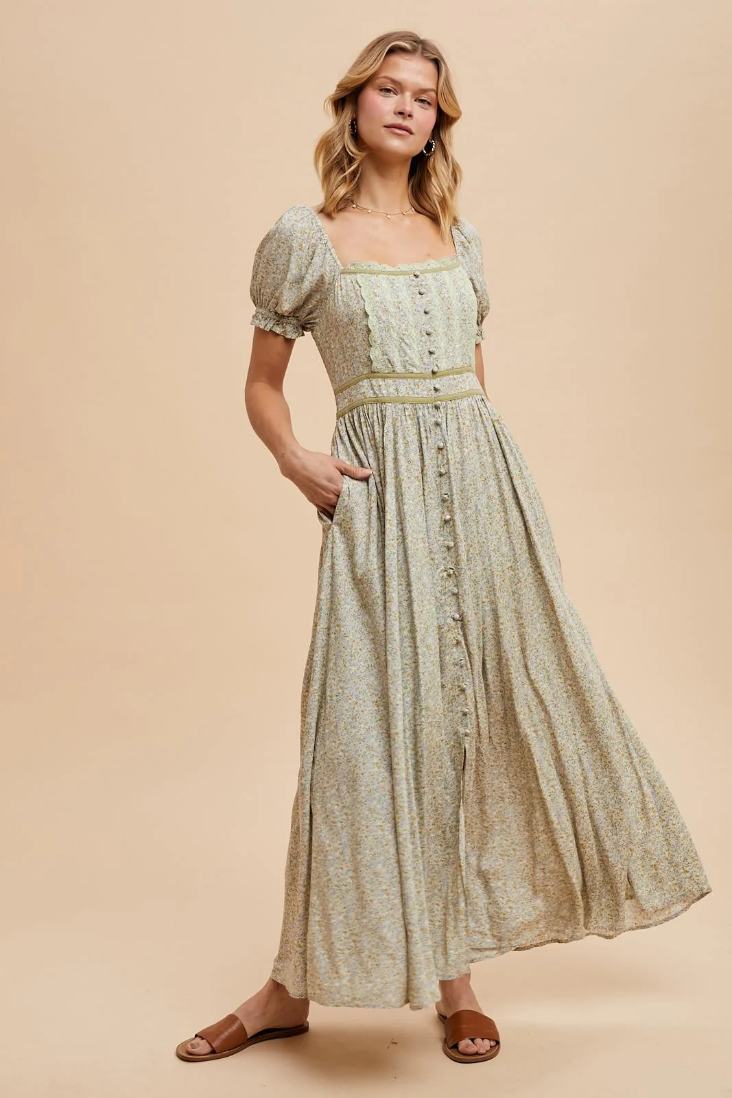 Light Olive Floral Lace Trim Maxi Dress - Image 2