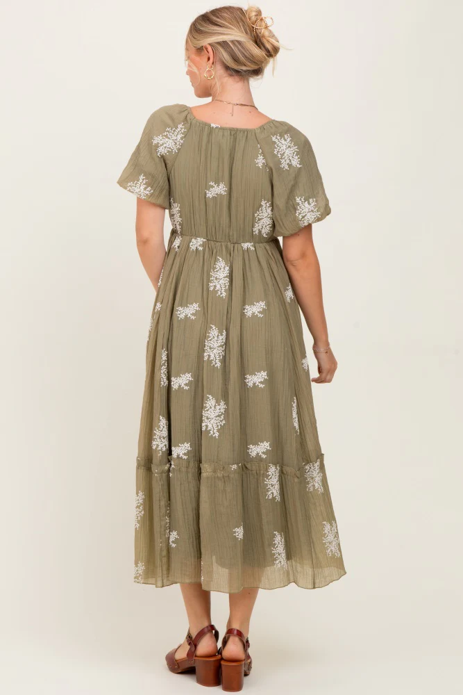 Light Olive Floral Print Ruffle Hem Midi Dress - Image 3