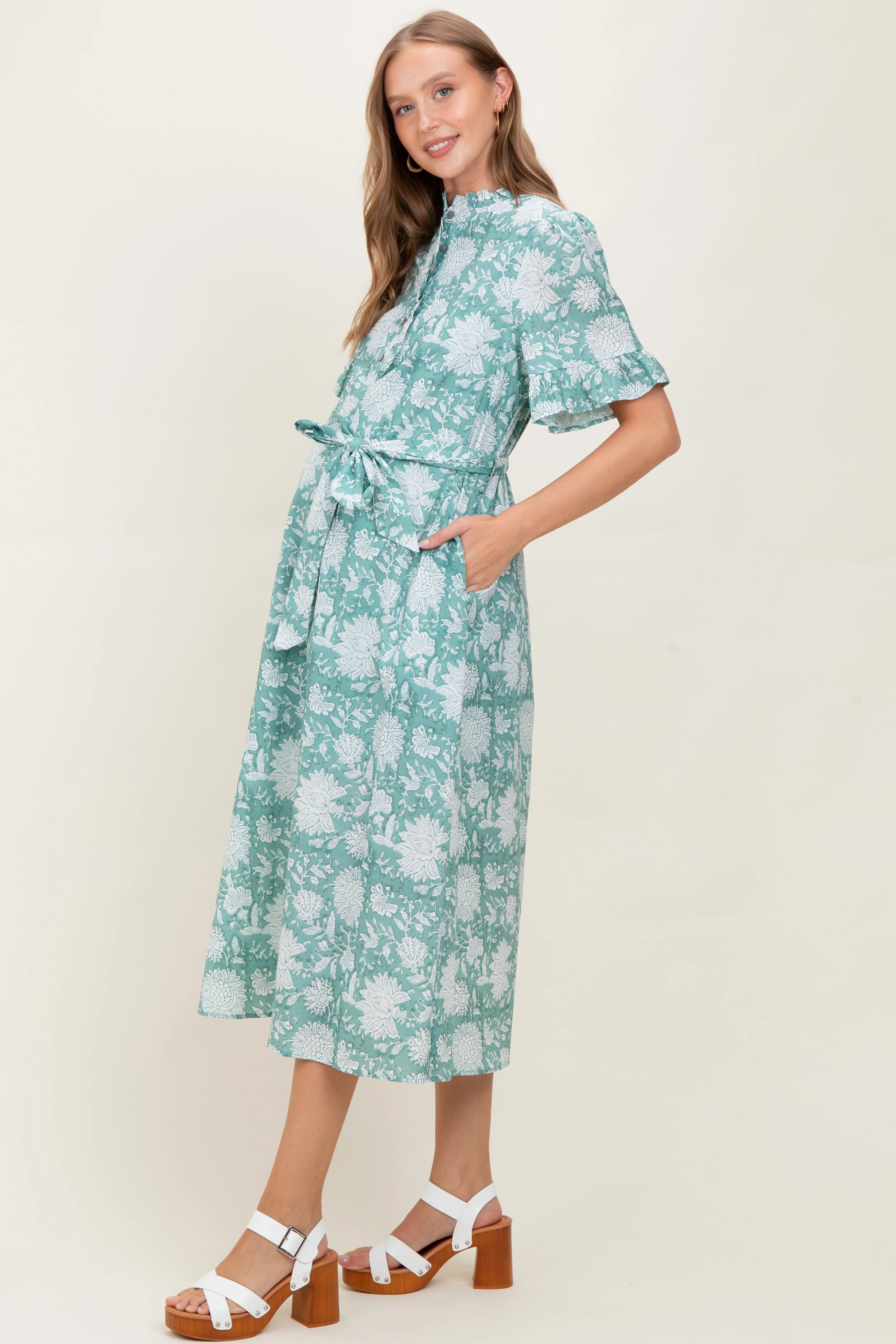 Light Olive Floral Ruffle Button Up Neckline Maternity Midi Dress - Image 3