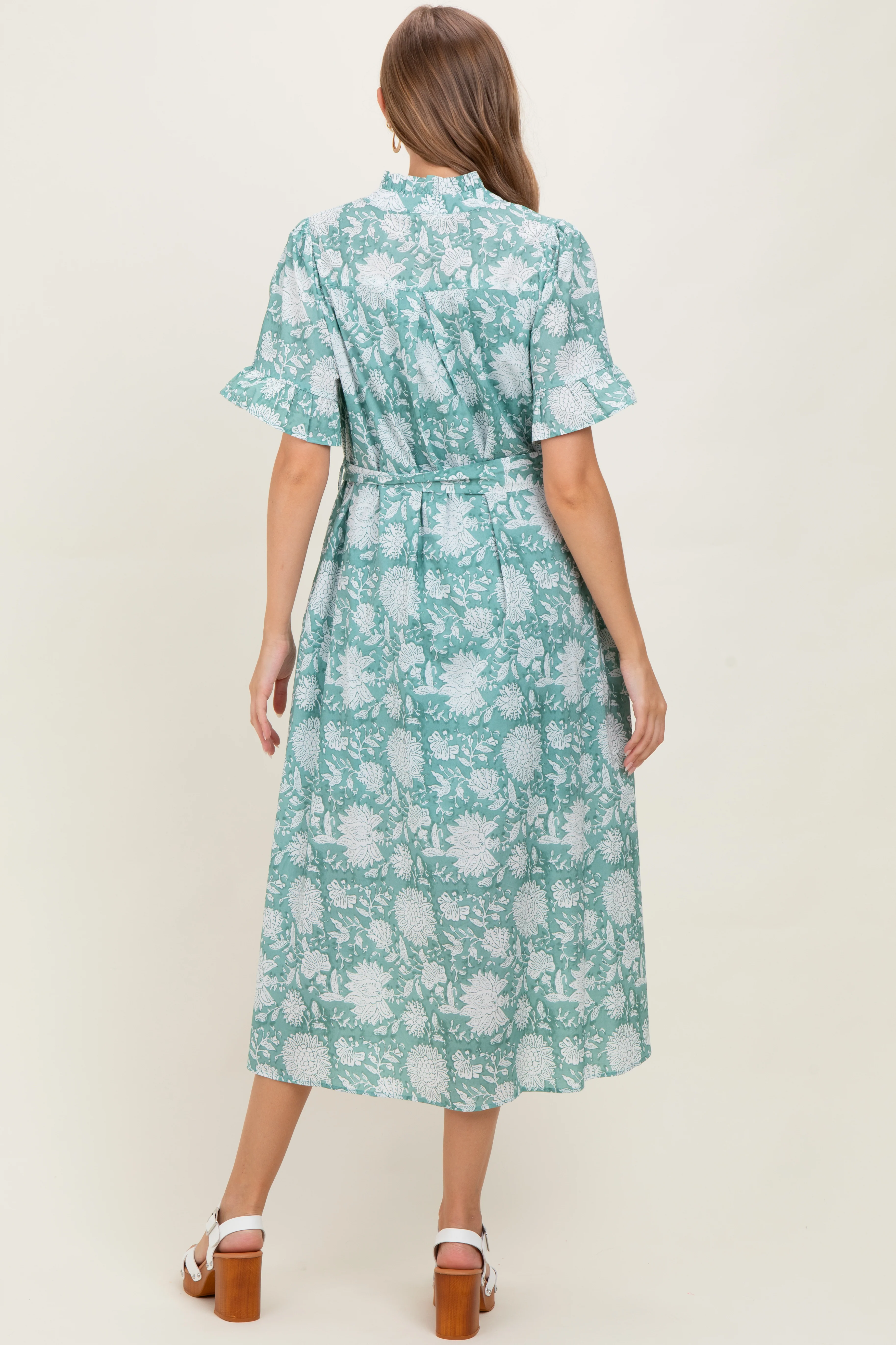Light Olive Floral Ruffle Button Up Neckline Maternity Midi Dress - Image 4