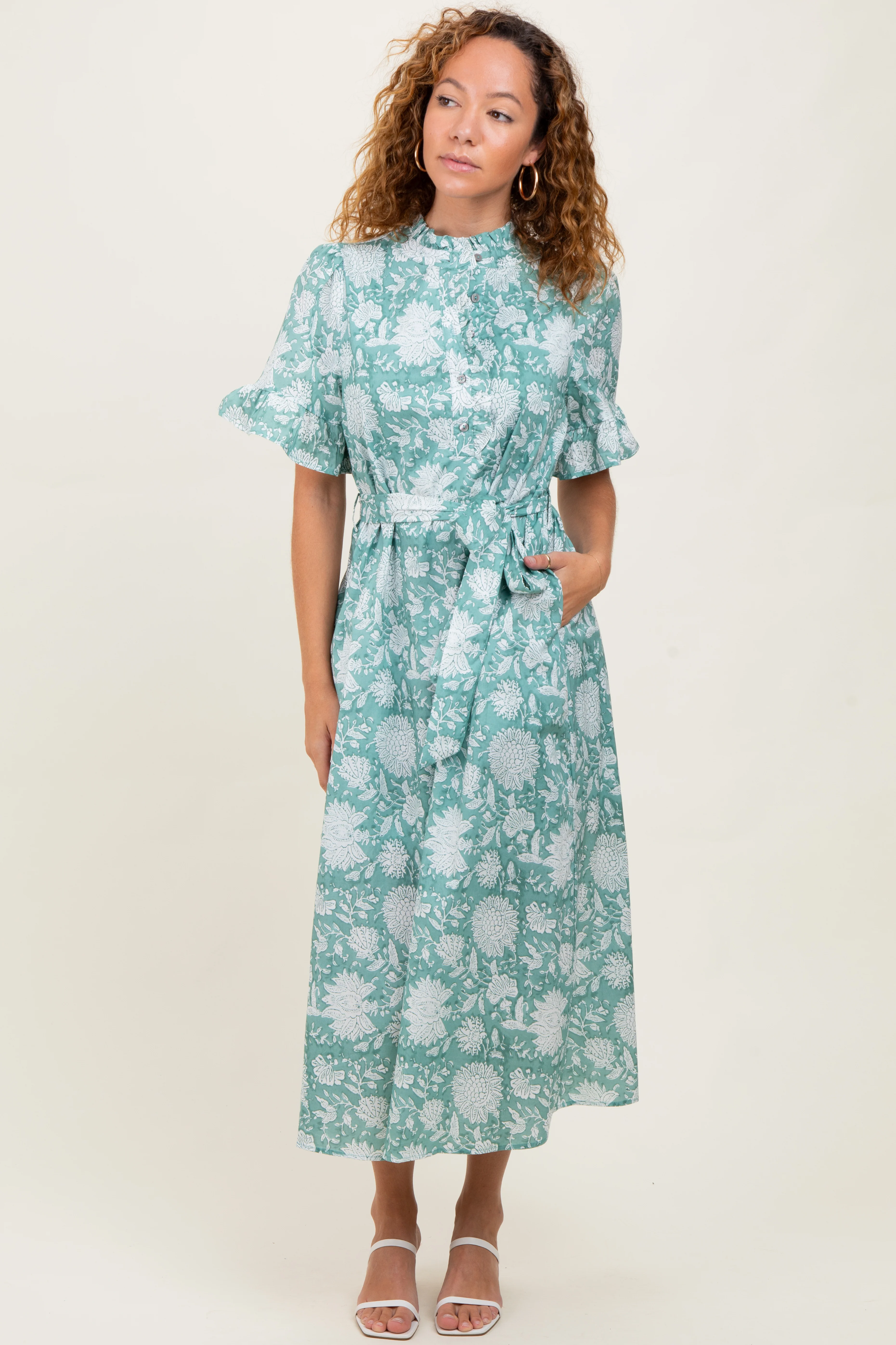 Light Olive Floral Ruffle Button Up Neckline Maternity Midi Dress - Image 5