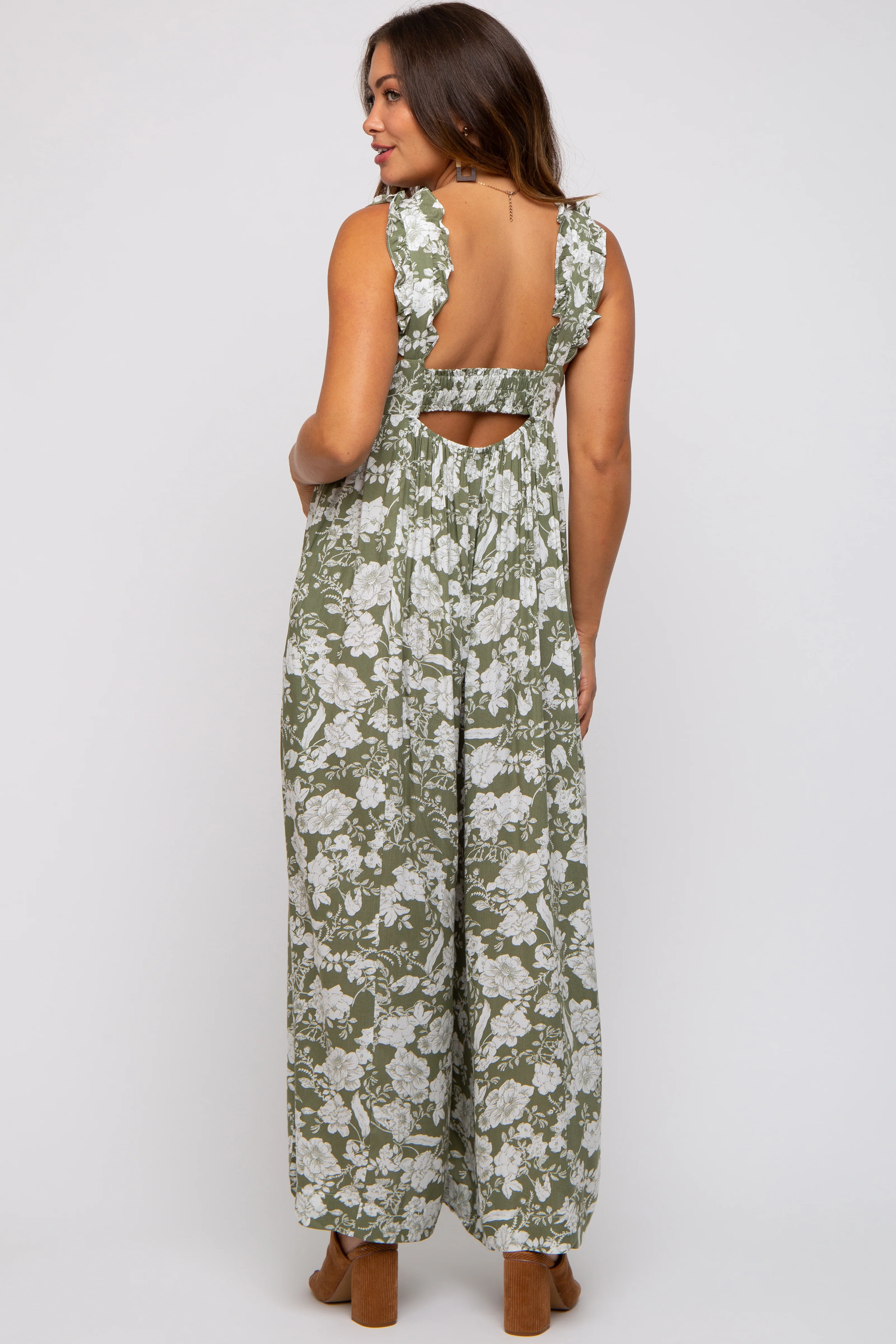 Light Olive Floral Ruffle Strap Maternity Jumpsuit - Image 4