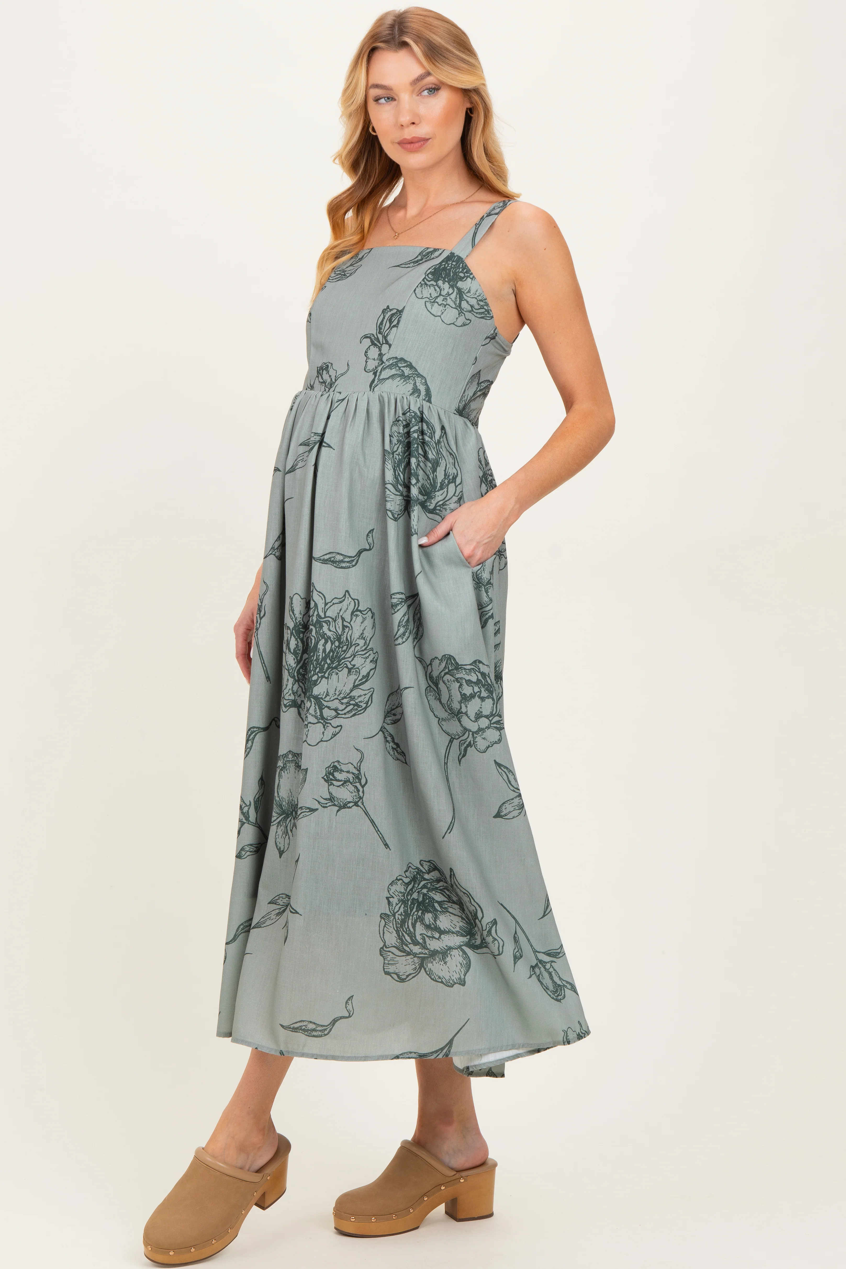 Light Olive Floral Sleeveless Maternity Midi Dress - Image 3