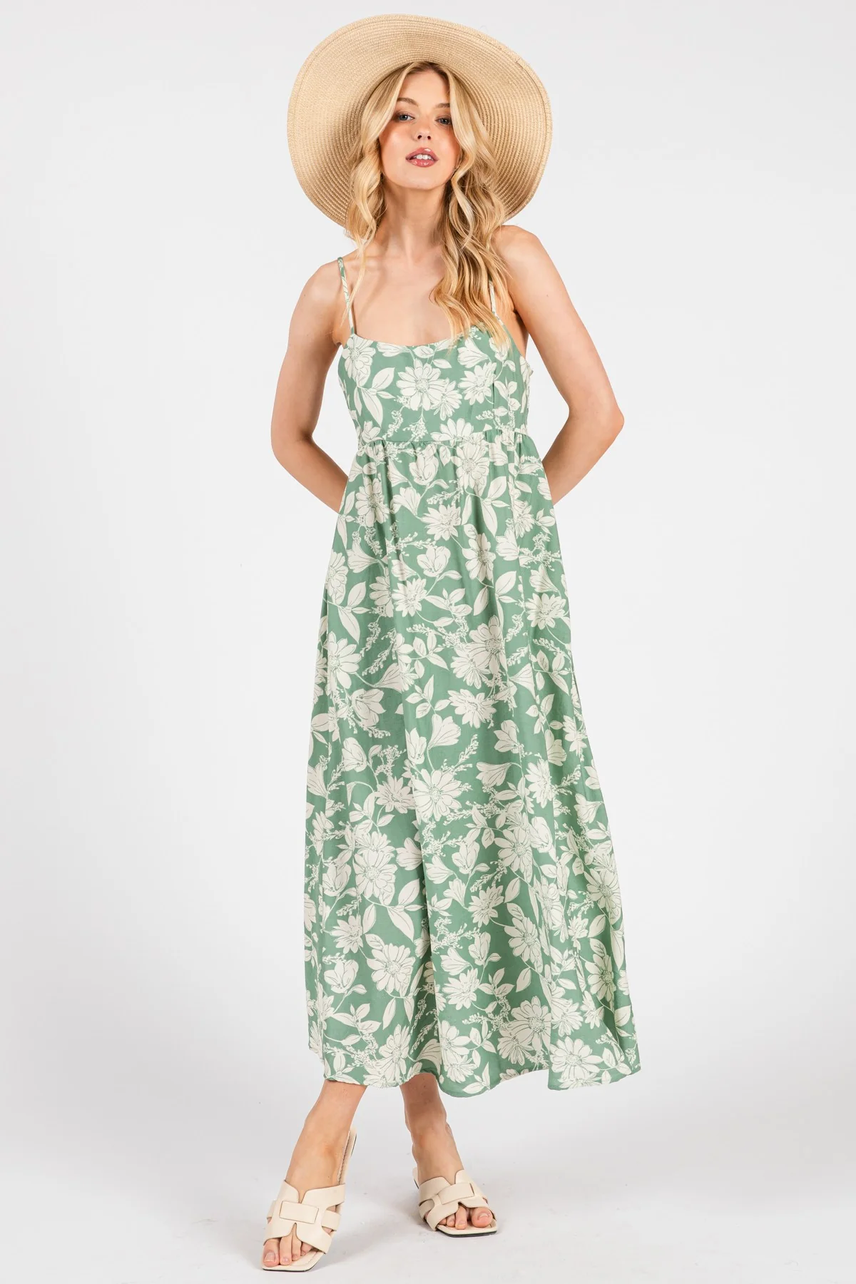 Light Olive Floral Sleeveless Maternity Midi Dress - Image 4