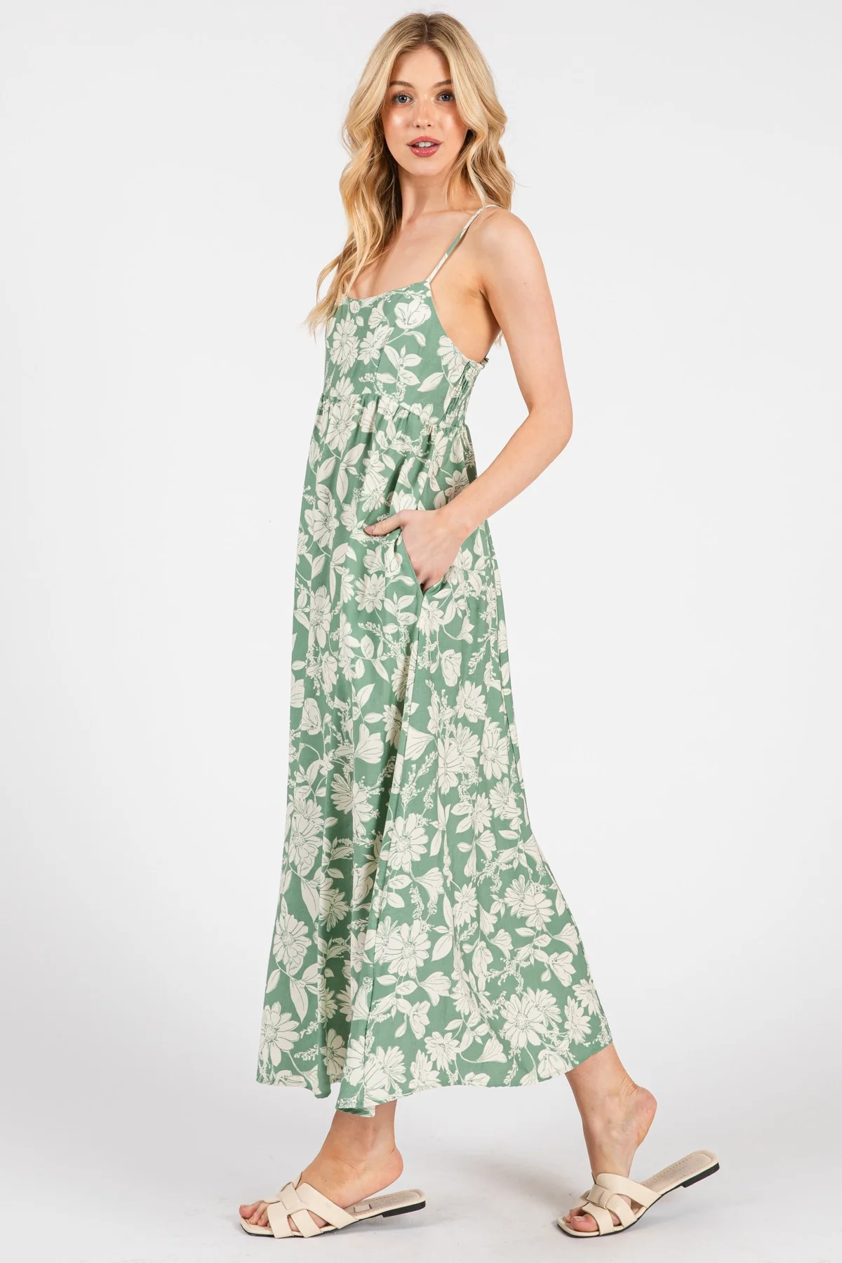 Light Olive Floral Sleeveless Midi Dress - Image 3