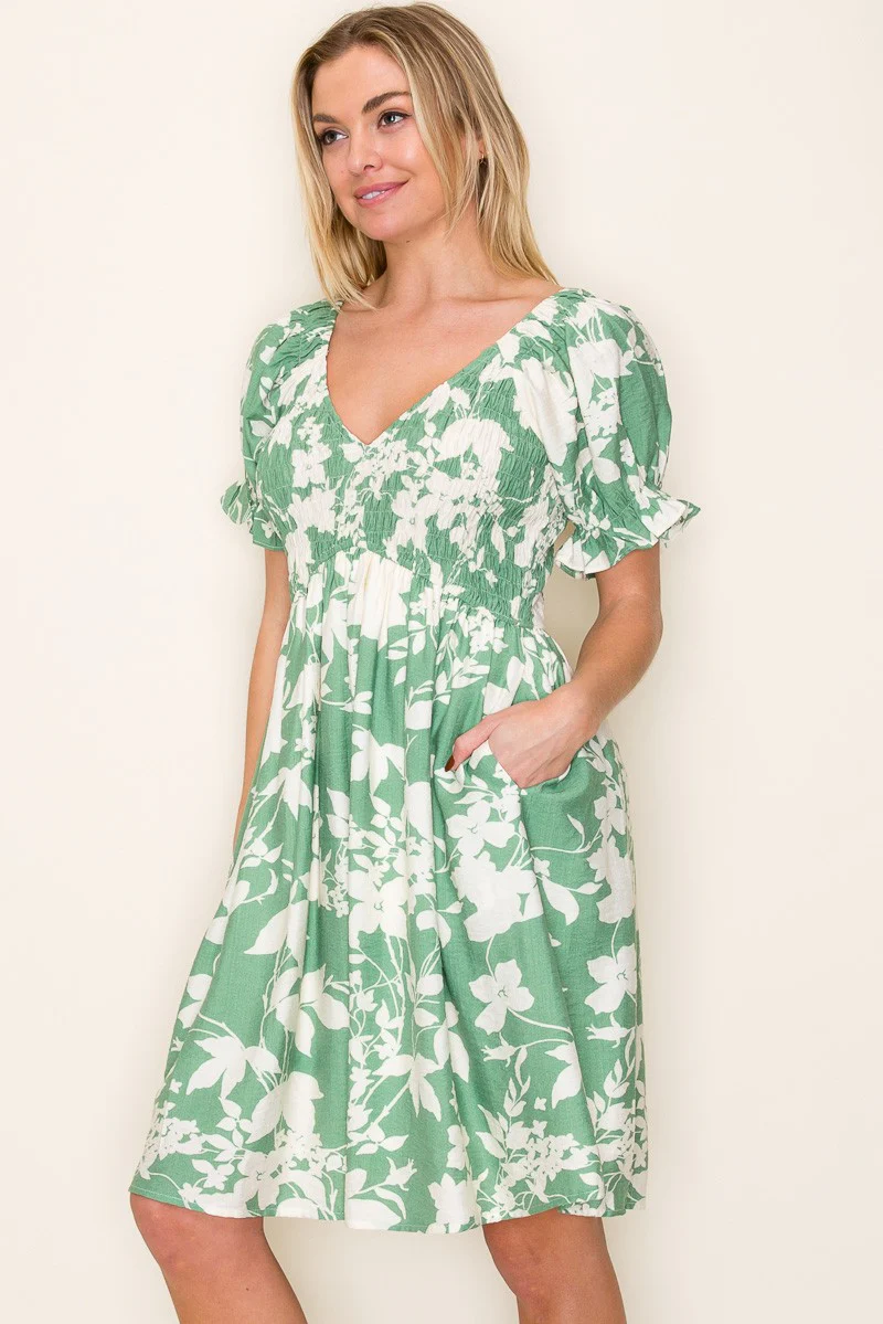 Light Olive Floral Smocked Puff Sleeve Dress - Image 4