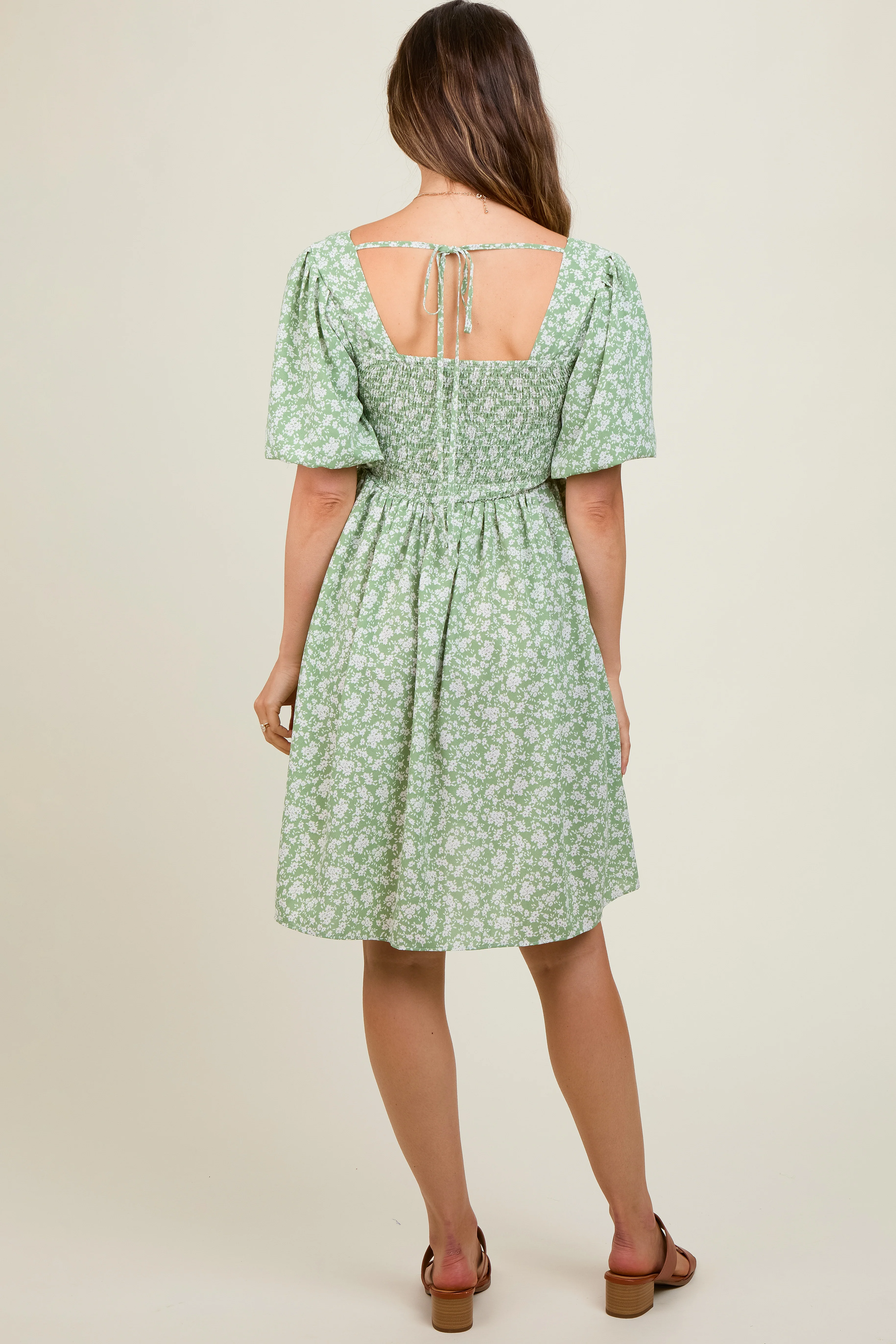 Light Olive Floral Smocked Tie Back Maternity Dress - Image 3