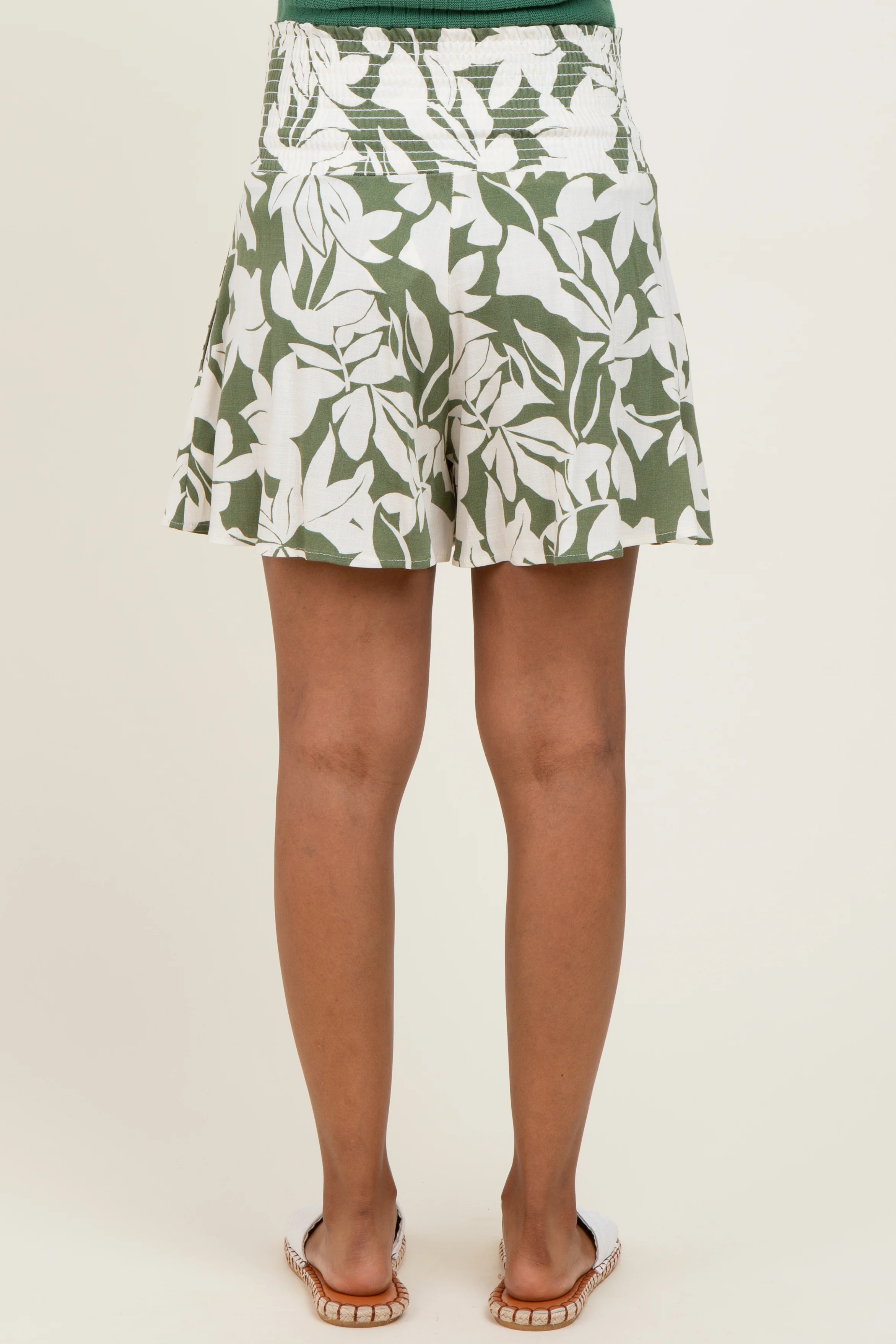Light Olive Floral Smocked Waist Maternity Shorts - Image 4