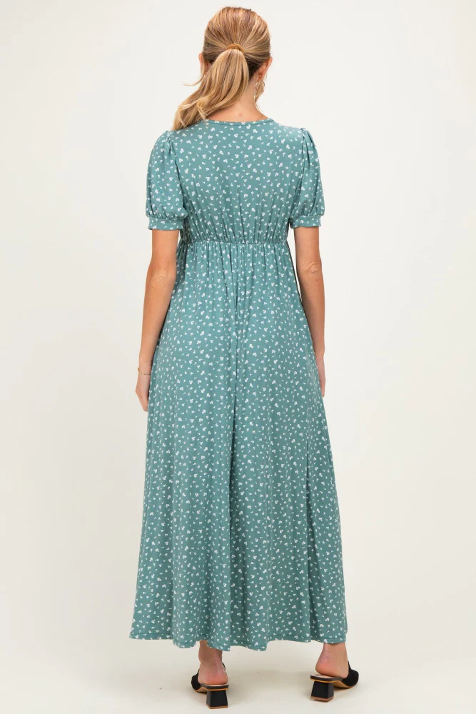 Light Olive Floral V-Neck Short Sleeve Maternity Maxi Dress - Image 3