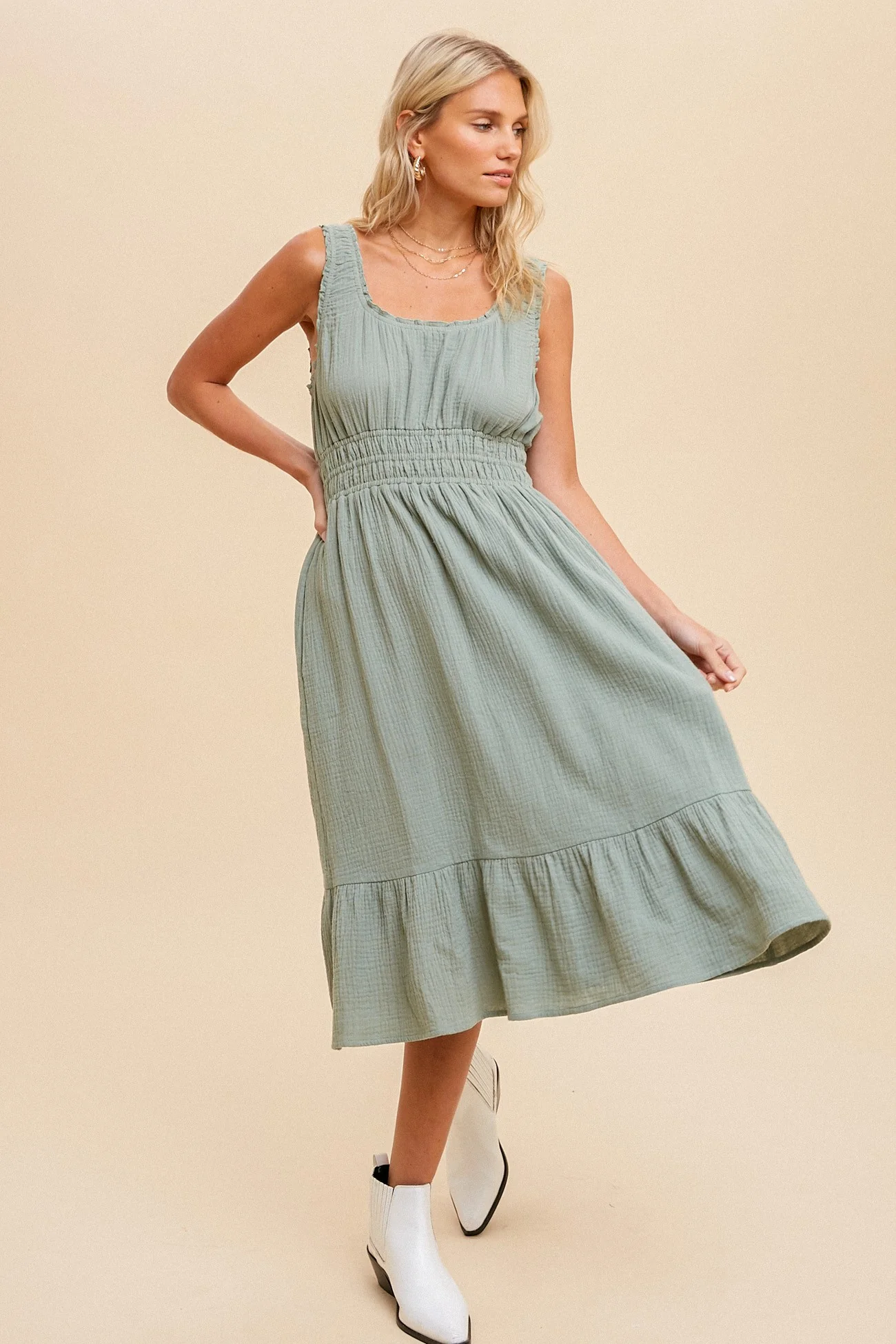 Light Olive Gauze Smocked Waist Lettuce Trim Maternity Midi Dress - Image 5