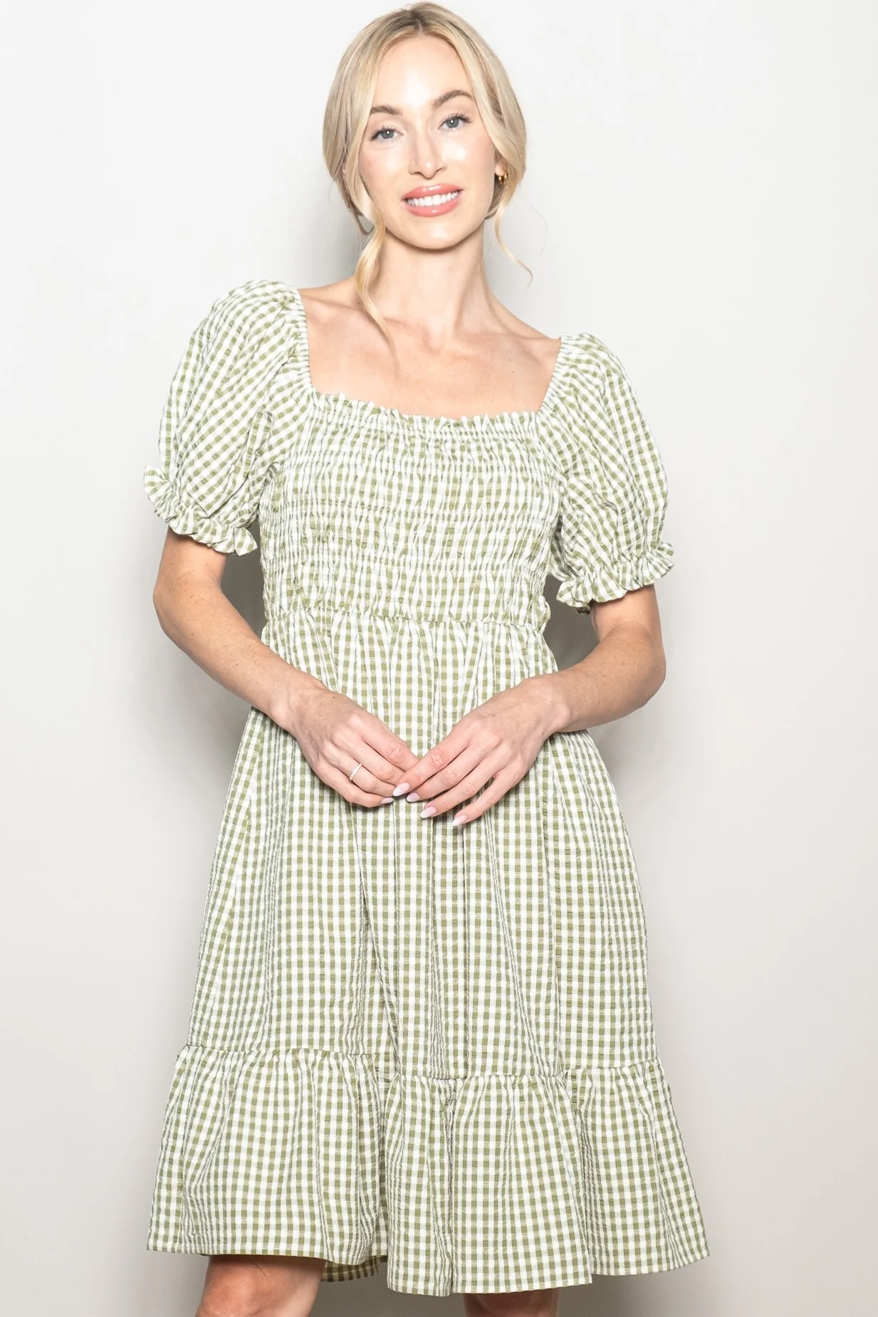 Light Olive Gingham Smocked Puff Sleeve Dress - Image 3