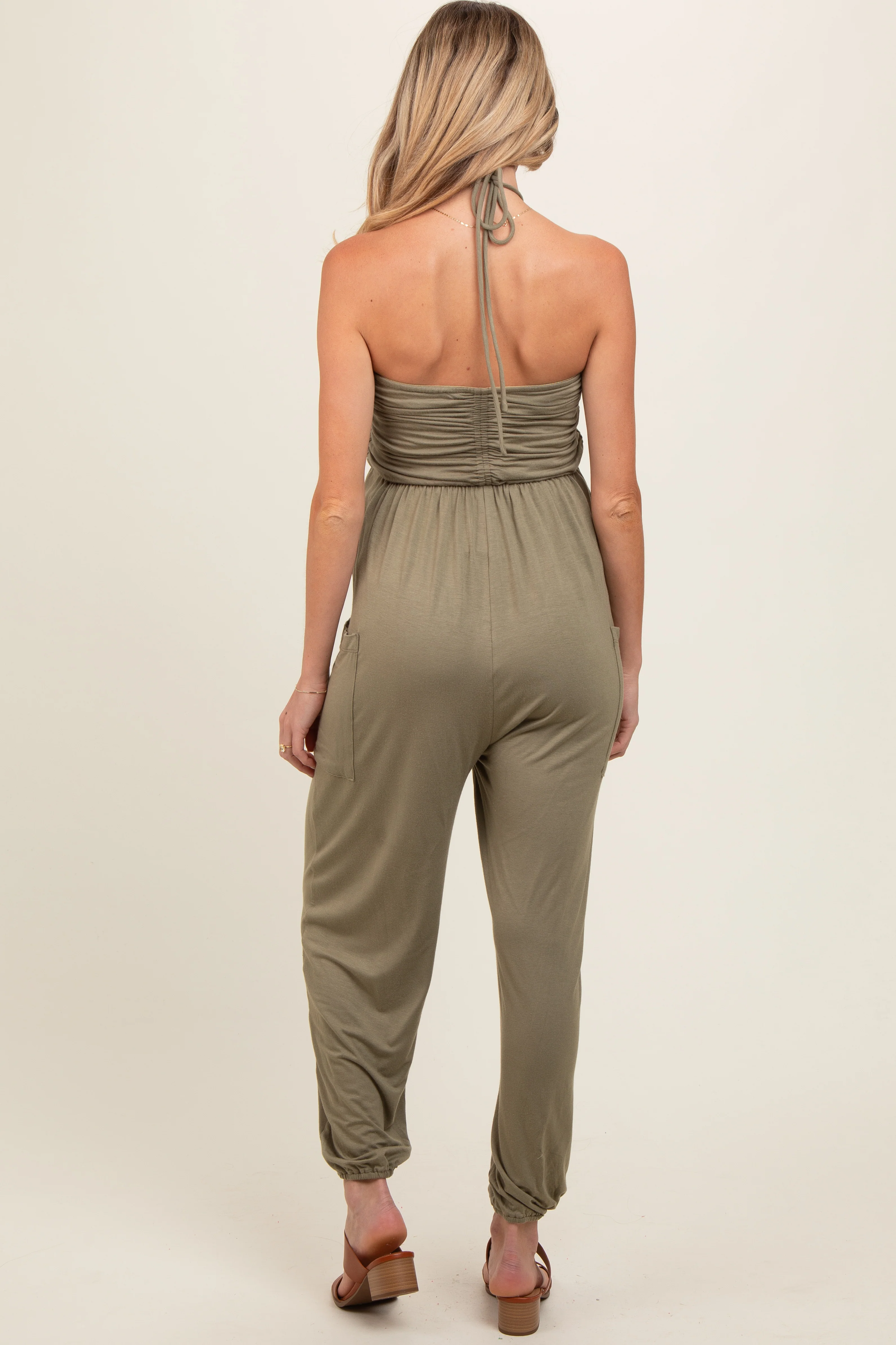 Light Olive Halter Cinched Maternity Jumpsuit - Image 3