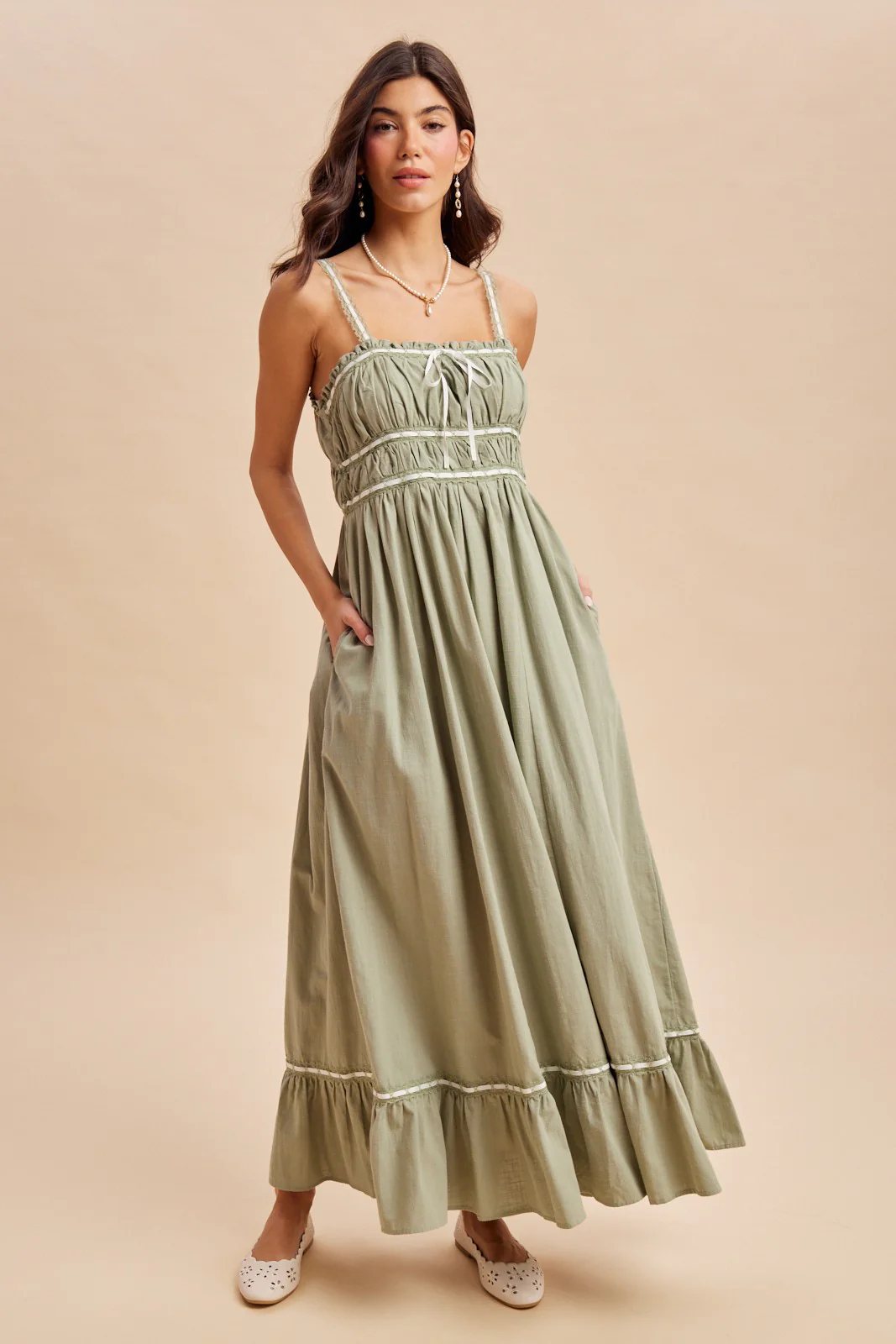 Light Olive Lace Ribbon Detail Maternity Maxi Dress - Image 4