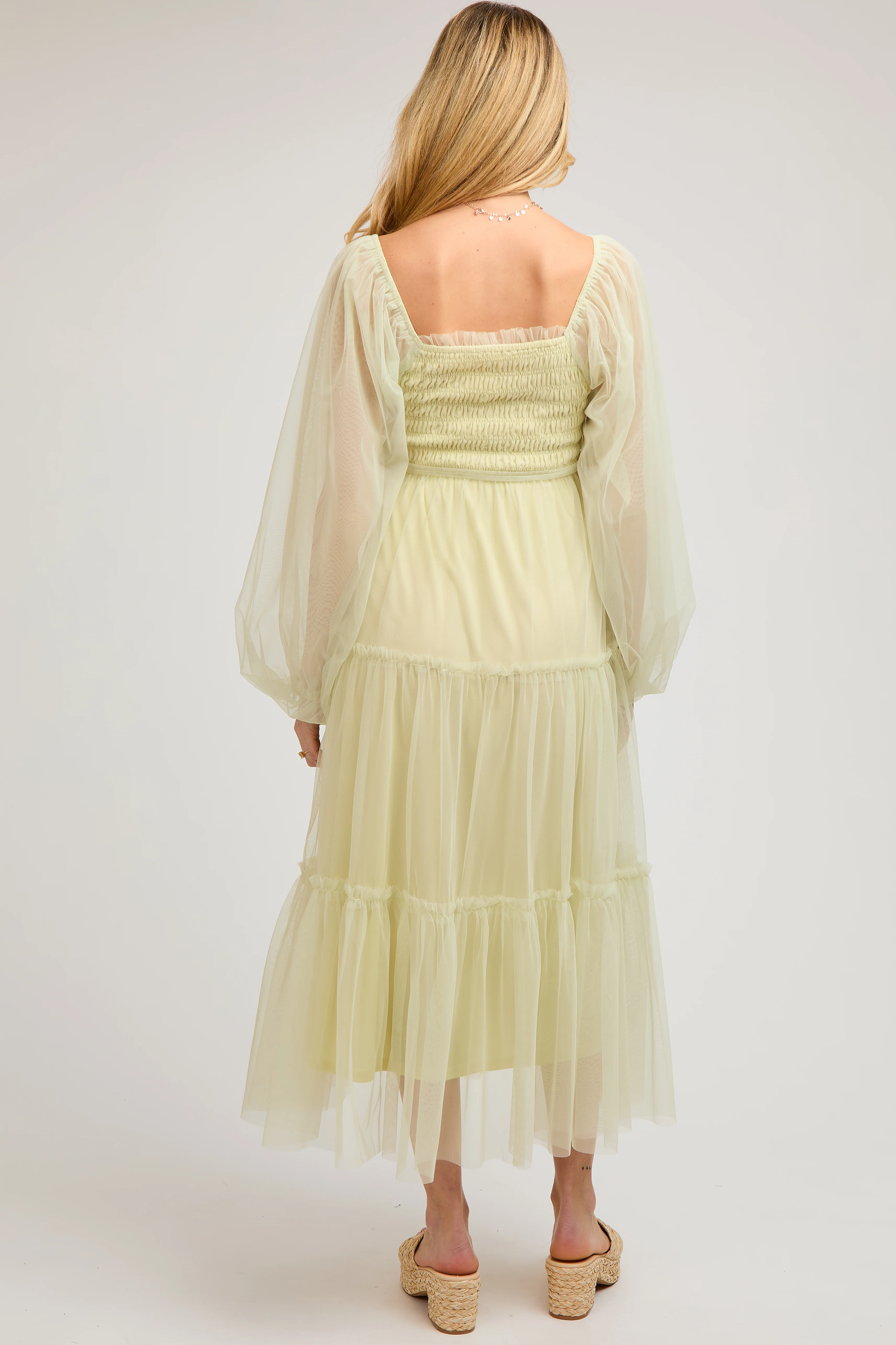 Light Olive Mesh Tiered Long Sleeve Maternity Maxi Dress - Image 4