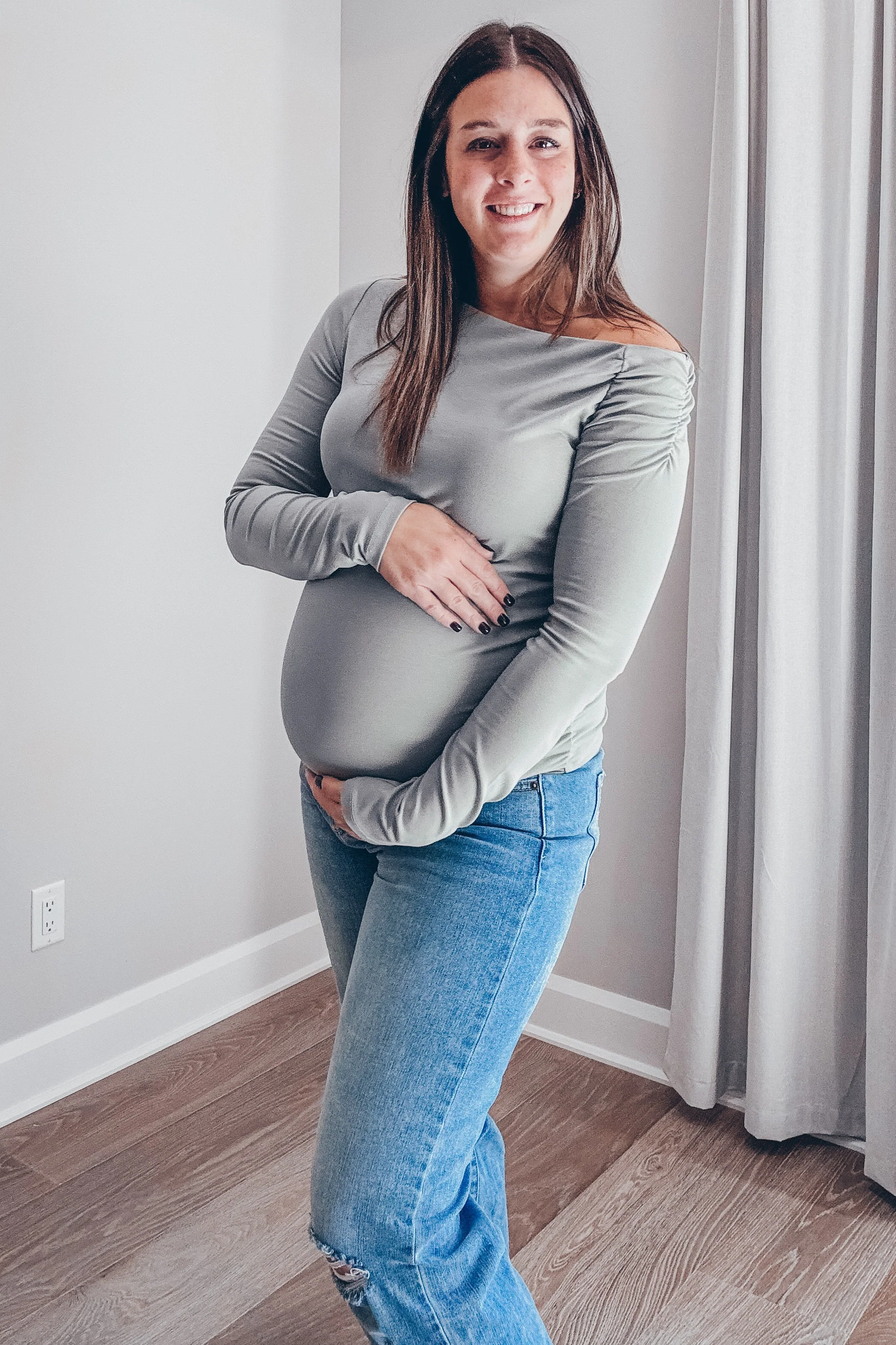 Light Olive One Shoulder Long Sleeve Maternity Top - Image 5