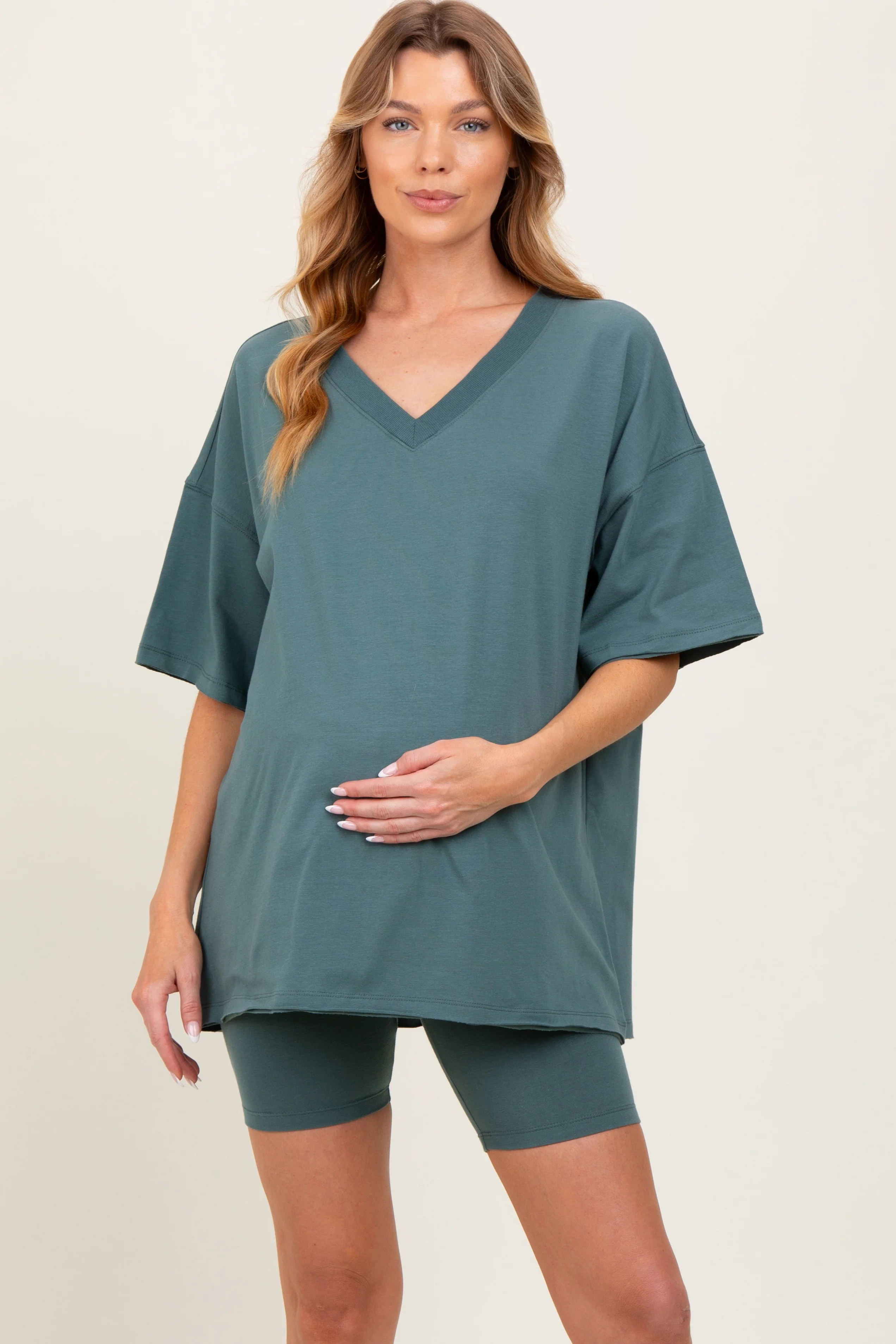 Light Olive Oversized V-Neck Biker Short Maternity Set - Image 2