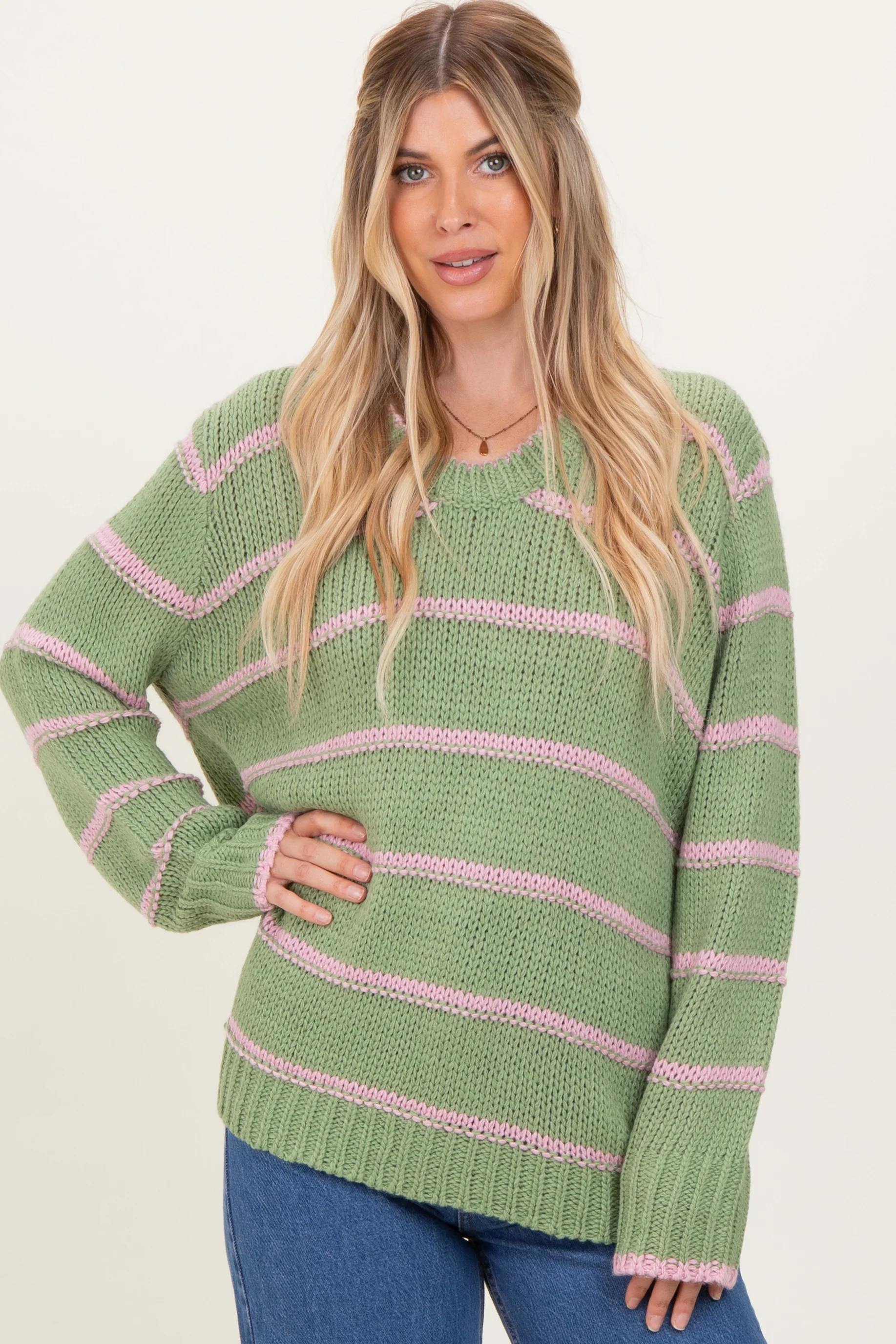 Light Olive Pink Striped Boxy Maternity Sweater - Image 4